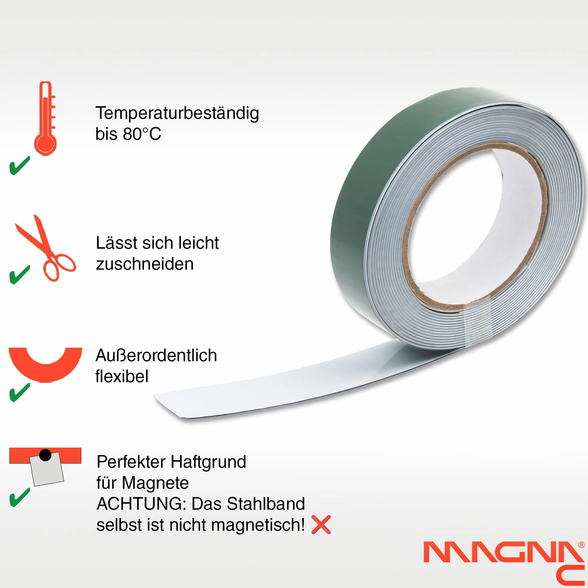Magna-C® Samoprzylepna taśma metalowa, biała, podłoże pod magnesy, elastyczna i łatwa do przycięcia, 5 m x 20 mm x 1,2 mm