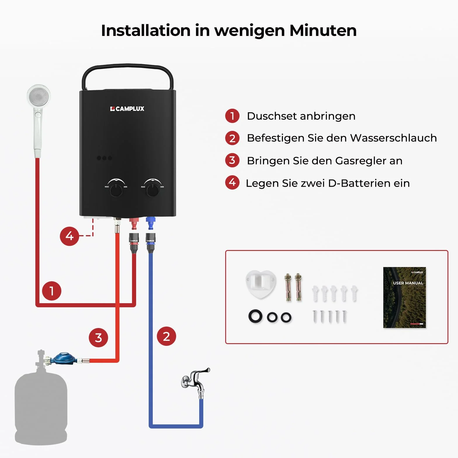 Camplux AY132B-DE bezzbiornikowy podgrzewacz wody 50 mbar, 5 litrów LPG z przenośnym uchwytem, 10 kW, propan lub butan, do prysznica kempingowego