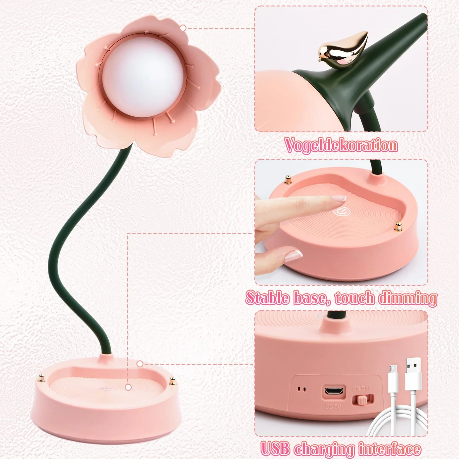 Jinlaili Lampa biurkowa LED dla dzieci, lampa stołowa ładowana przez USB, 3 tryby kolorów, lampka do czytania z regulowanym światłem i czujnikiem dotykowym, bezprzewodowa lampa biurkowa LED, lampka