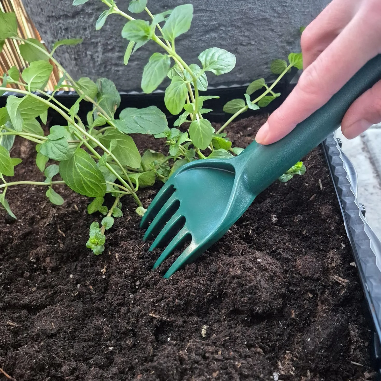 COM-FOUR® 4-czesciowy zestaw narzedzi ogrodowych wykonany z wytrzymalego tworzywa sztucznego - szeroka kielnia, waska kielnia, grabie reczne i kultywator do roslin i prac ogrodowych (4 czesci zielone)