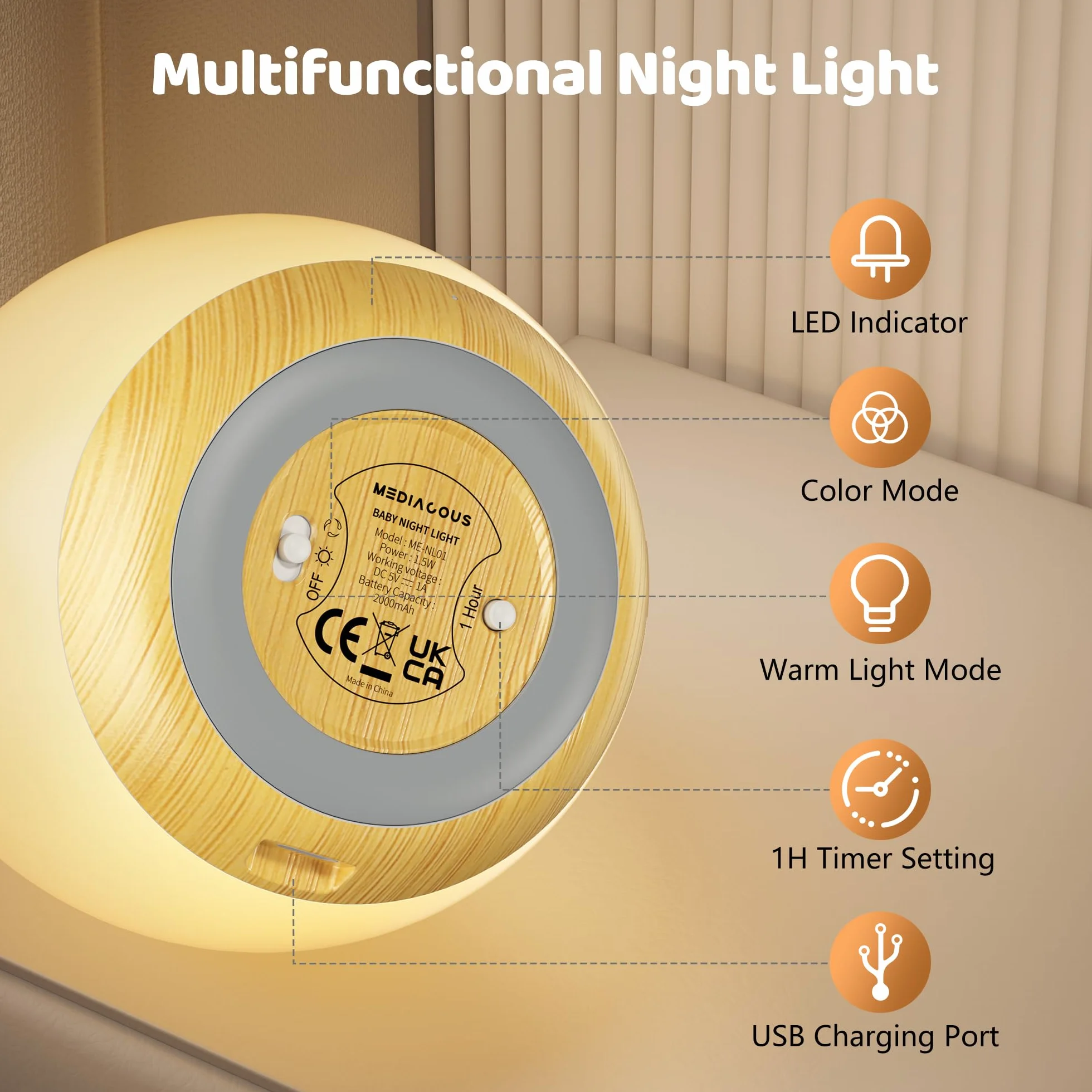MediAcous Lampka nocna dla dzieci Lampa LED dla dzieci 8 kolorów lampka nocna z funkcją sterowania timerem ciepłe światło USB Akumulator
