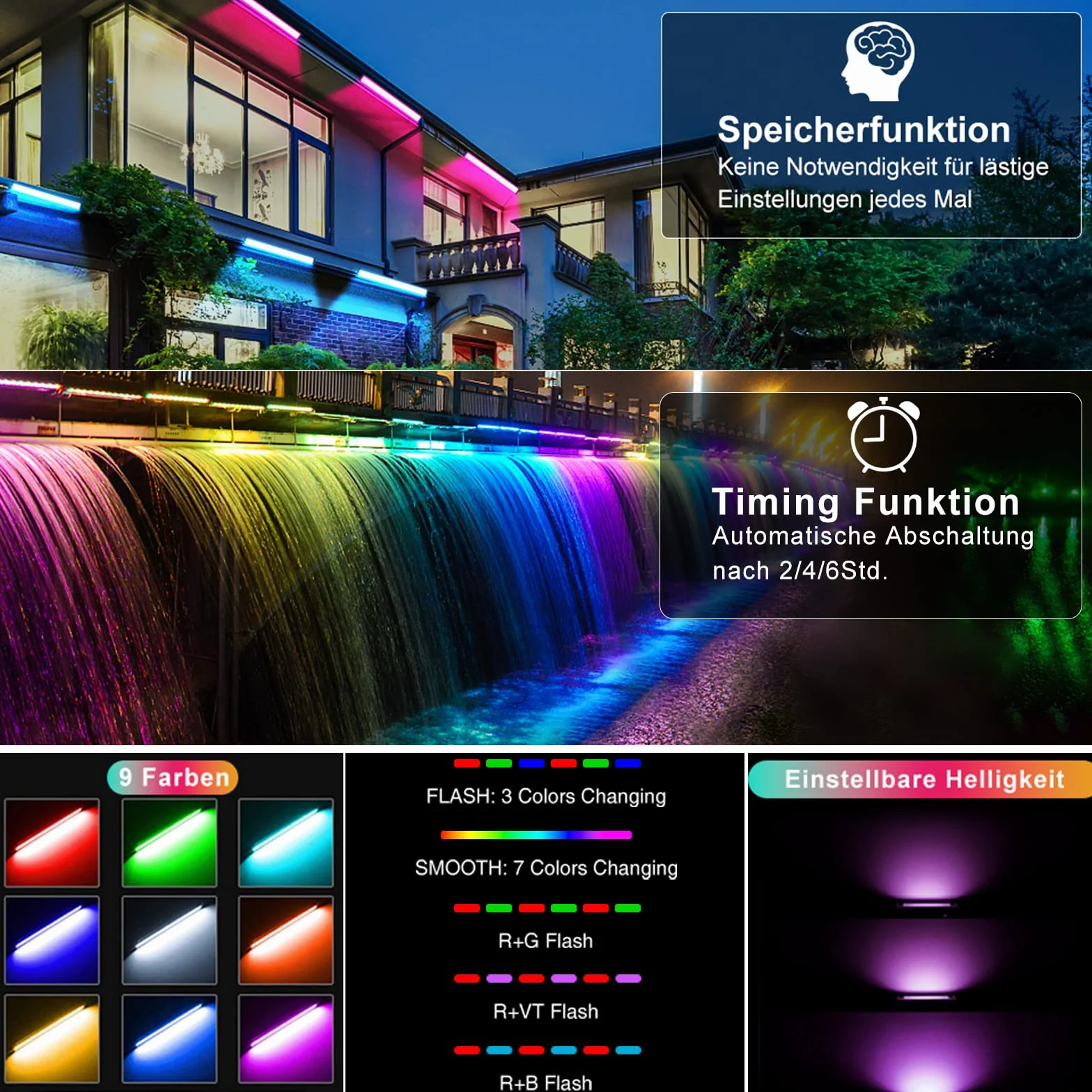 MEIHUA Solarny reflektor RGB Wallwasher, kolorowy, 10 kolorów, 30 trybów pracy, timer, 2 jasności, solarna lampa ogrodowa, kolorowa, 6000 mAh, IP66, wodoszczelna lampa solarna do użytku na zewnątrz