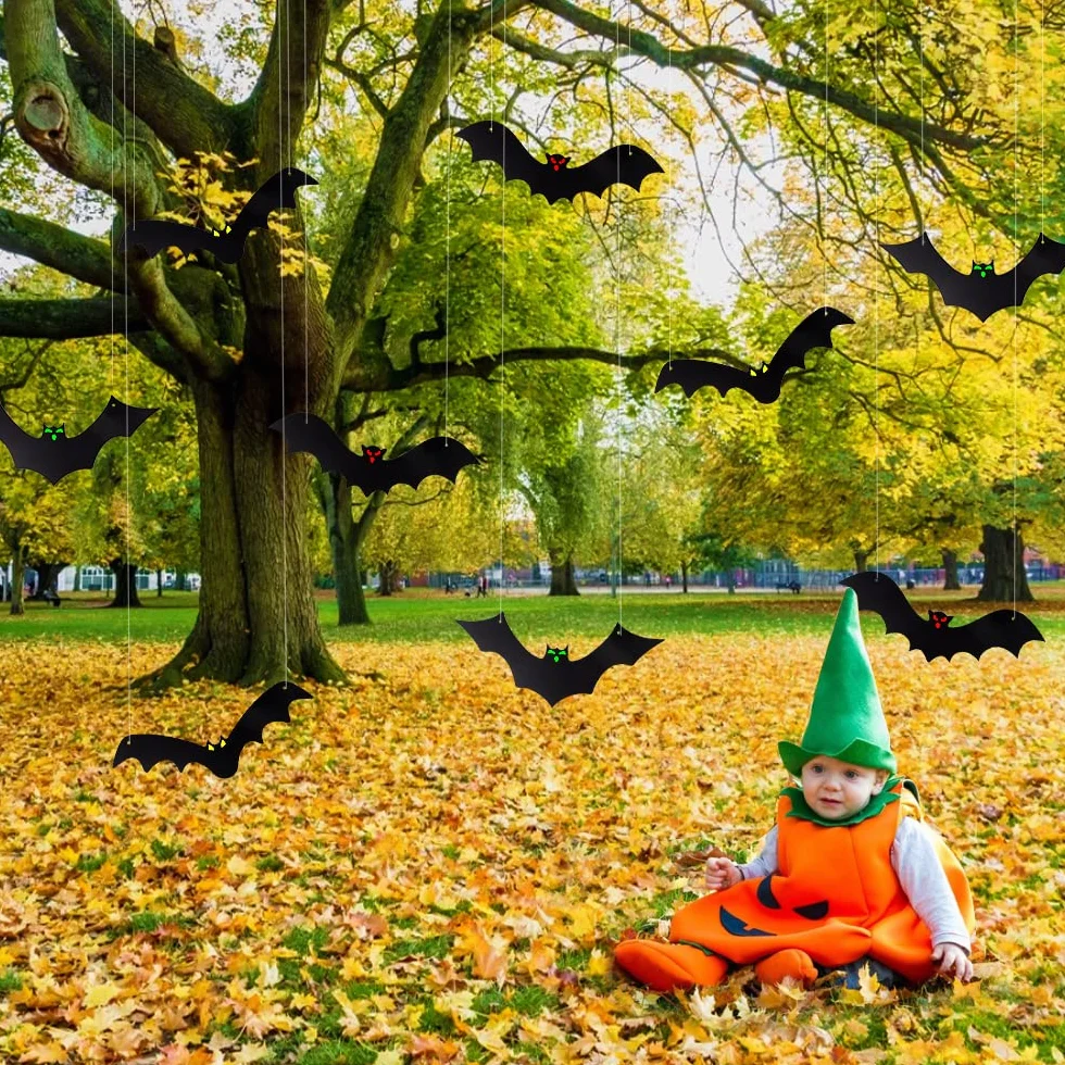 DTYDECLE 12 szt. wiszących nietoperzy na Halloween, latający nietoperz, wiszące dekoracje ze świecącymi oczami na Halloween, dekoracja na zewnątrz, podwórko, artykuły dekoracyjne