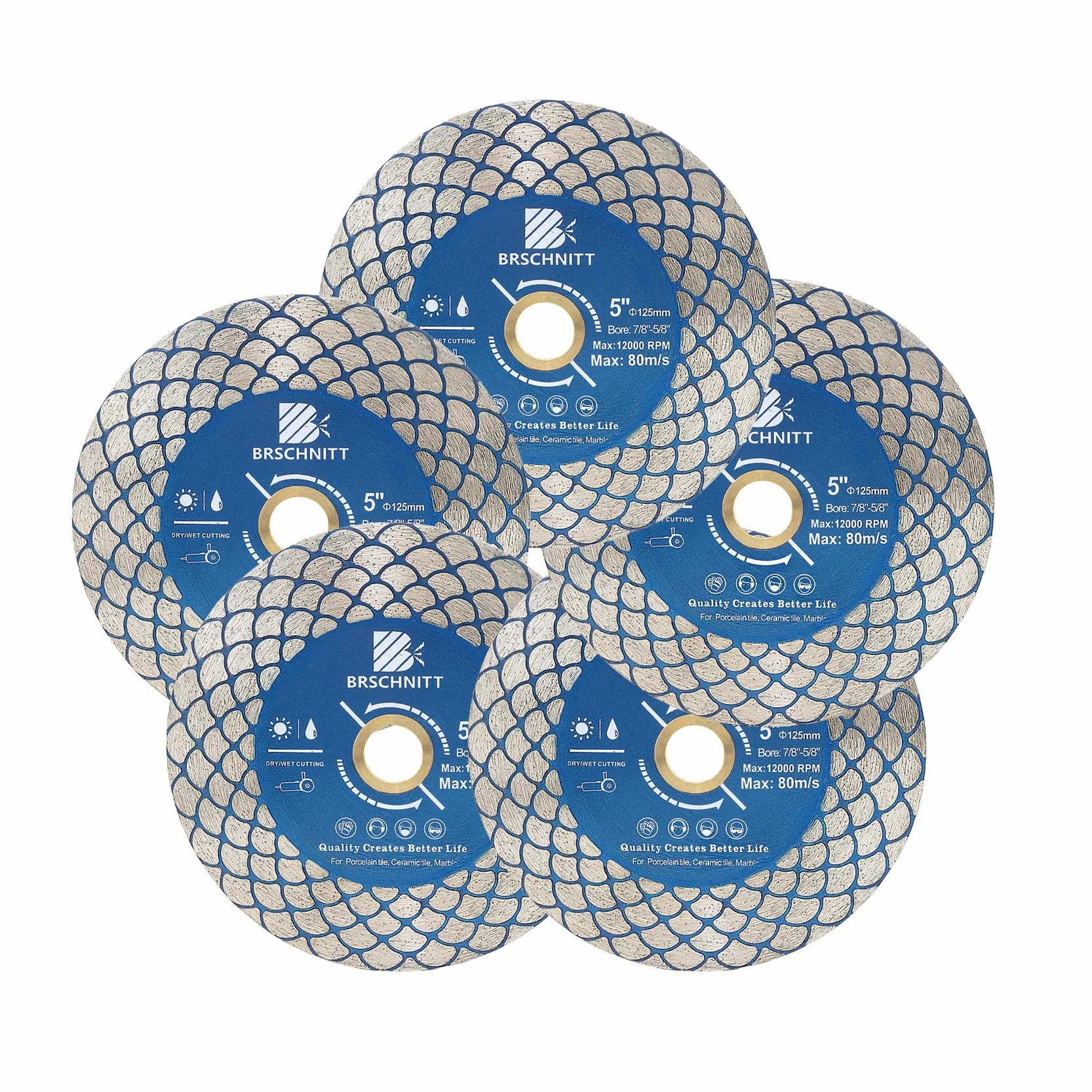 Diamentowa tarcza do cięcia płytek 12,5 cm - BRSCHNITT do 7/8"-5/8" - szlifierka kątowa do cięcia porcelany, ceramiki, marmuru, sztucznej kamionki (5 szt.)