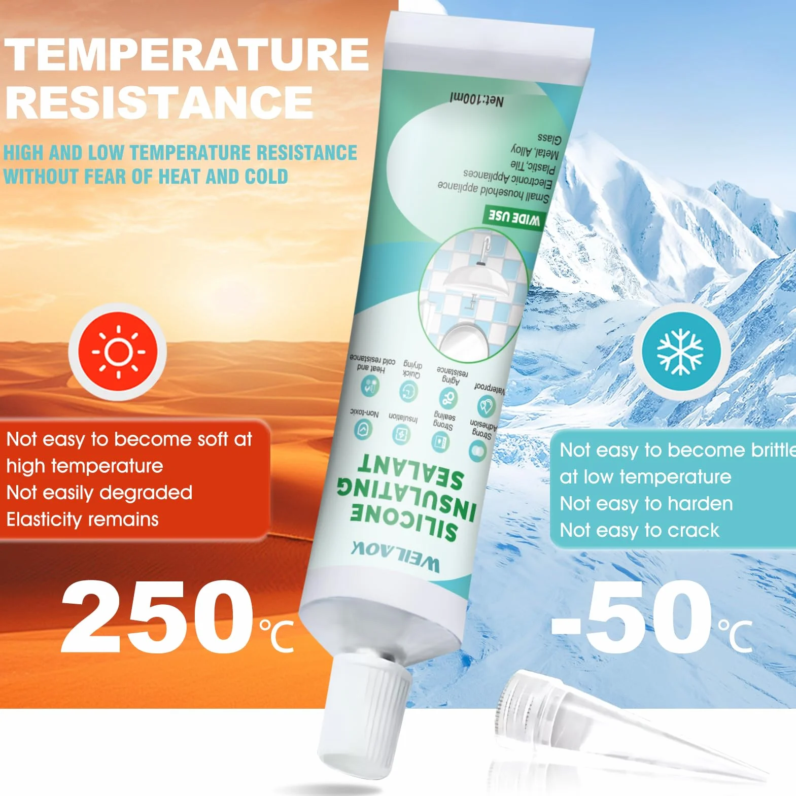 Silikon do uszczelniania o wysokiej temperaturze, silikon, przezroczysty, wodoodporny, klej silikonowy do użytku na zewnątrz, do metalu, szkła, silikonu, łazienki, kuchni, 100 ml