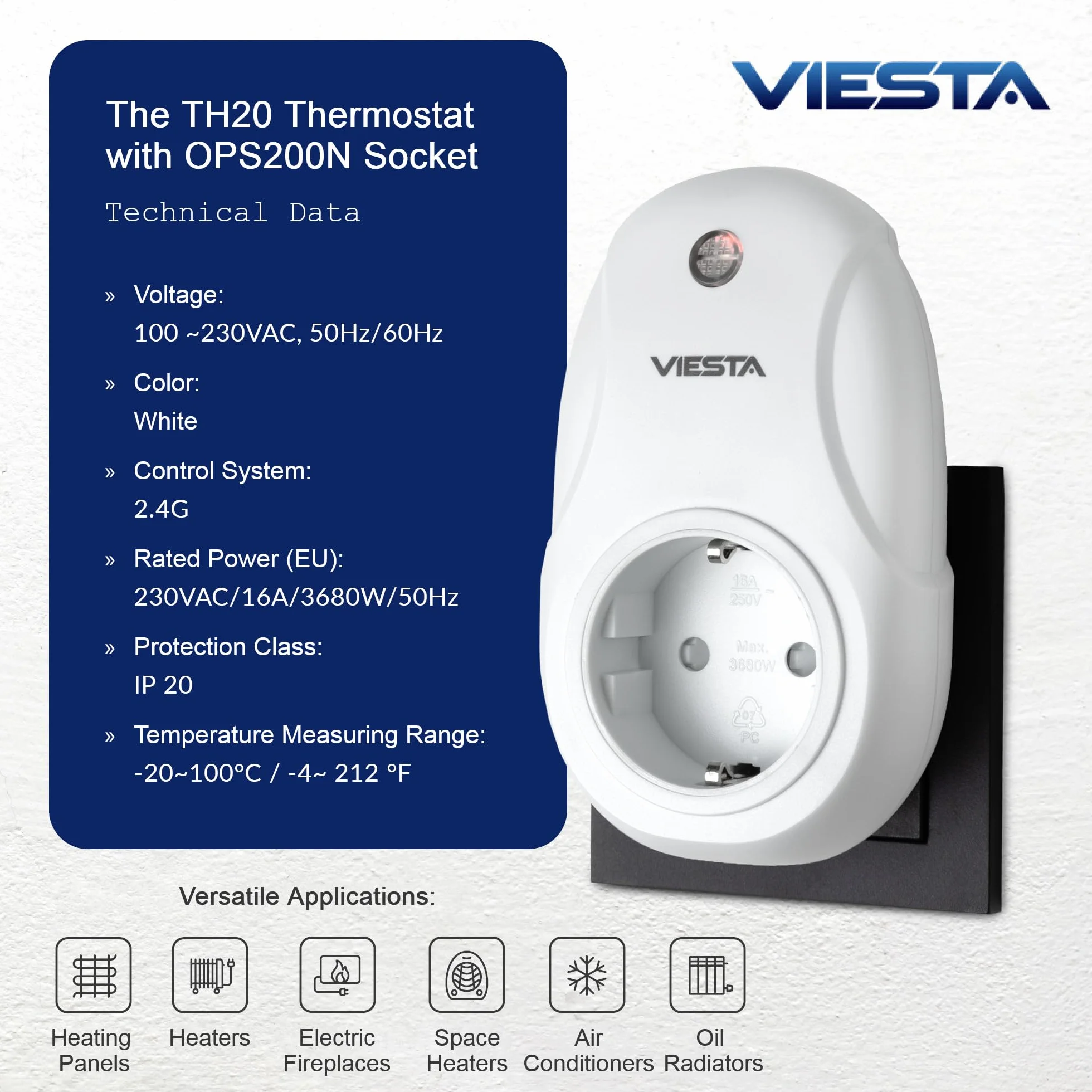 TH20 Bezprzewodowy termostat gniazdkowy (230V/3600W) – Cyfrowy, programowalny, z pilotem, program tygodniowy, timer, sterowanie 2,4 GHz, tryby Komfort/Auto/Ręczny i ochrona przed mrozem