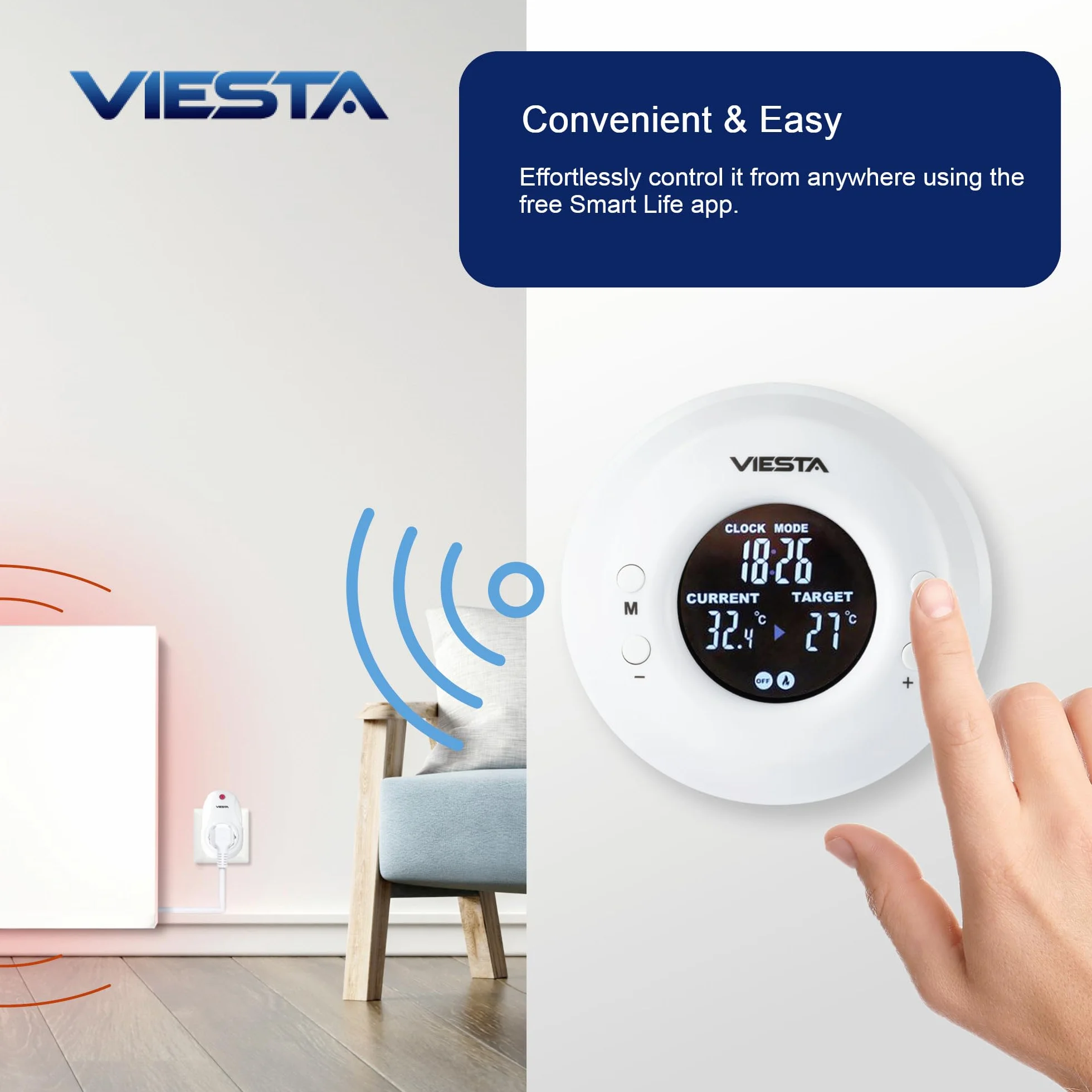 TH20 Bezprzewodowy termostat gniazdkowy (230V/3600W) – Cyfrowy, programowalny, z pilotem, program tygodniowy, timer, sterowanie 2,4 GHz, tryby Komfort/Auto/Ręczny i ochrona przed mrozem