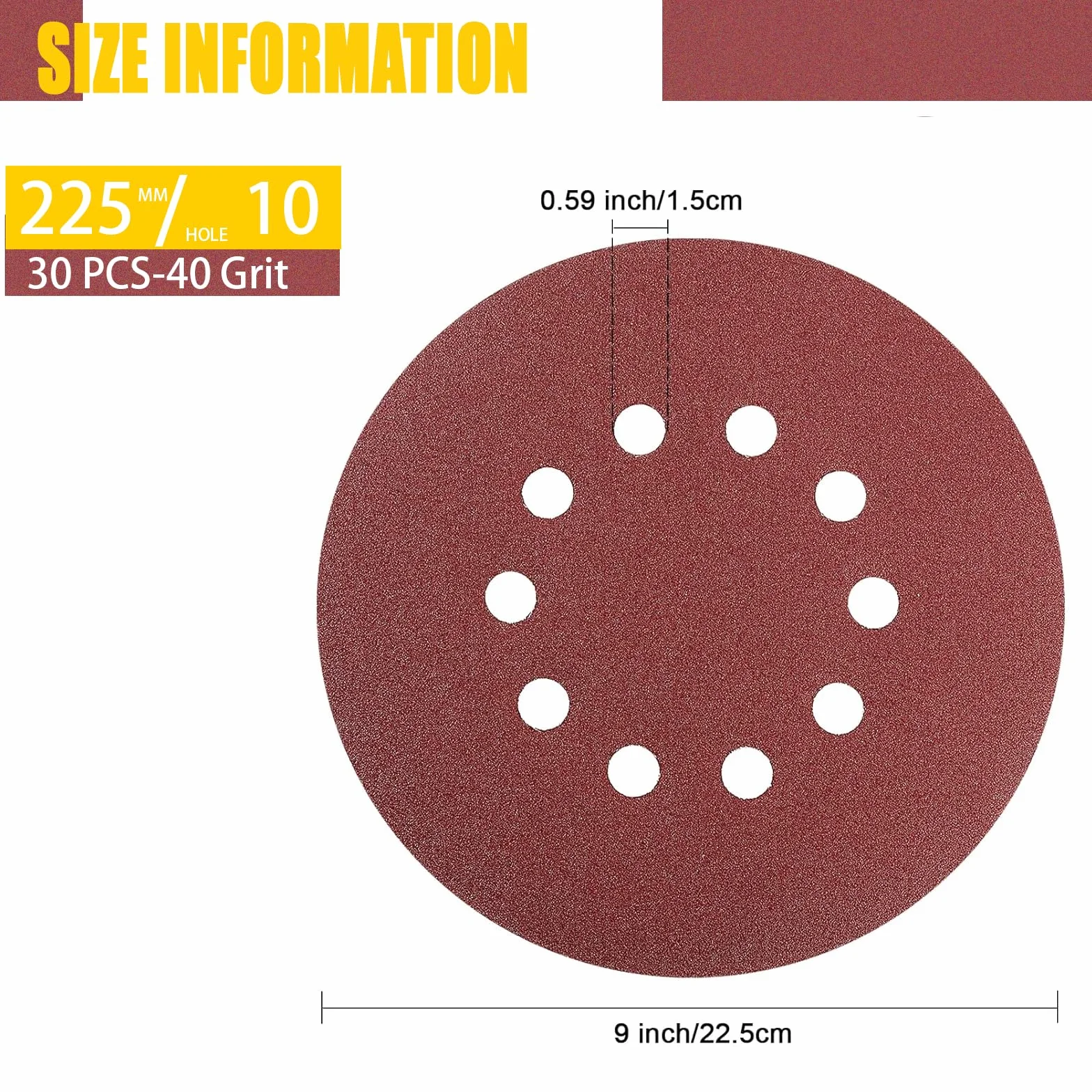 Papier ścierny 225 mm, rzep, 30 sztuk krążków szlifierskich 225 mm, ziarnistość P40, 10 otworów, w kolorze czerwonym, do szlifierek do płyt gipsowo-kartonowych, szlifierek mimośrodowych