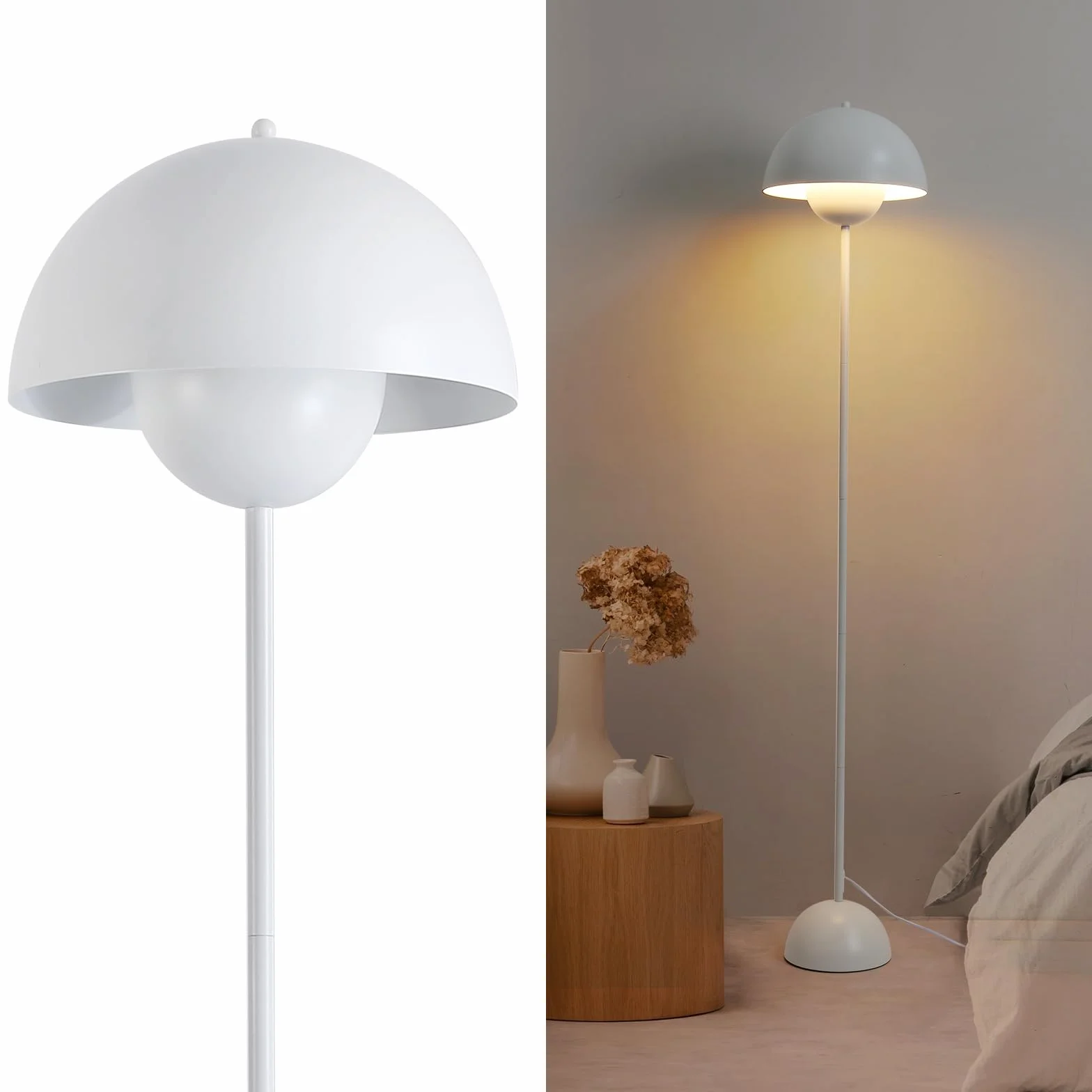 Alpinaluz Stalowa lampa podłogowa z wypukłym kloszem, styl skandynawski i retro, pośrednie oświetlenie skierowane w dół, gniazdo E27, przełącznik nożny, do salonu lub sypialni, biała