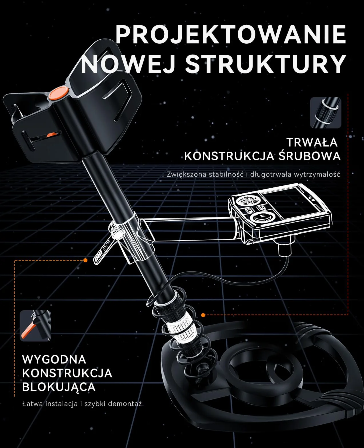 SUNPOW Wykrywacz Metalu 12 cali Wodoodporny DSP 5 Trybów Regulowana Długość 50-150 cm