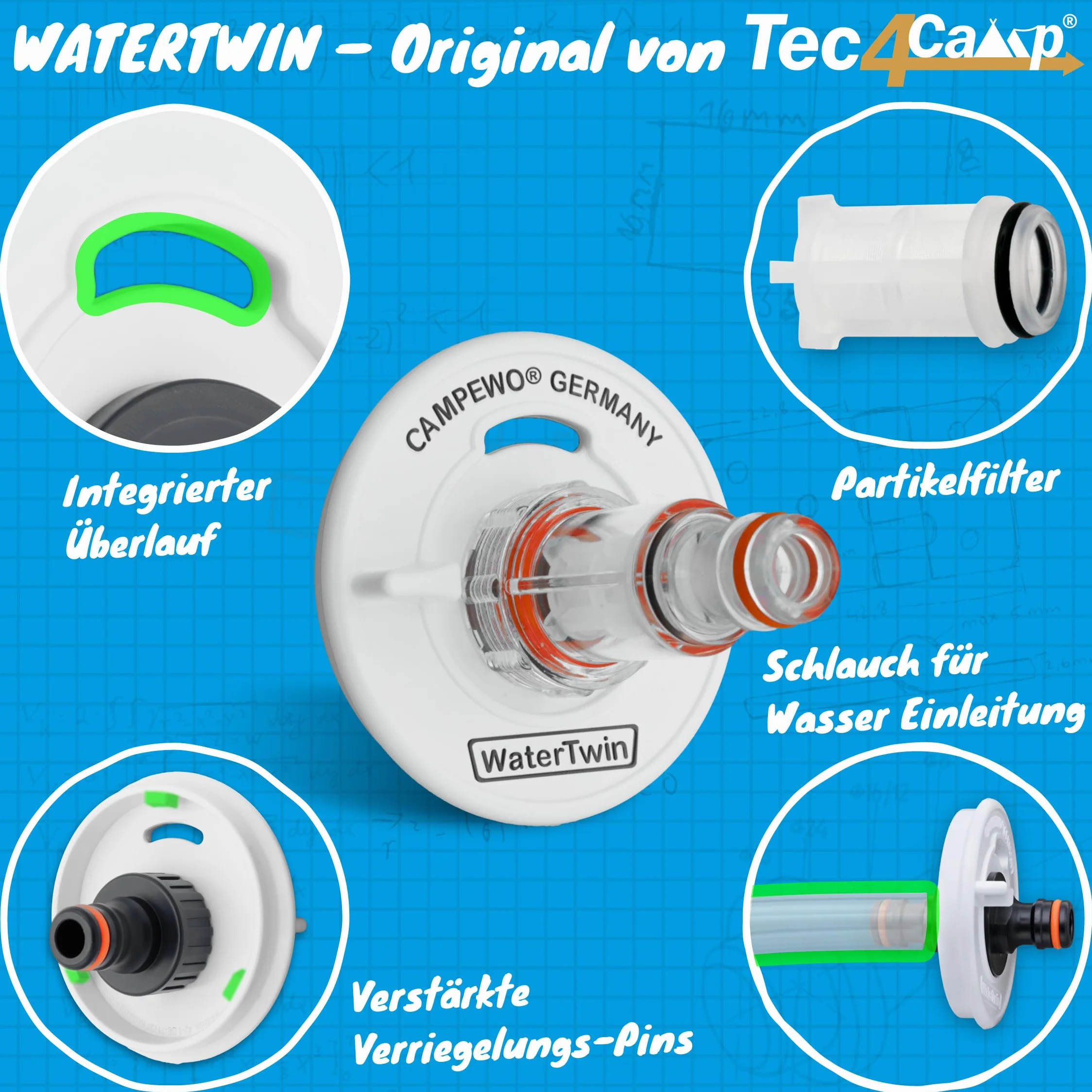 Tec4Camp® WATERTWIN-PRO 3-stykowy D:78 | adapter z filtrem do króćca wlewu wody | kompatybilny z nasadką wlewu paliwa Gardena adapter do napełniania | przyłącze kranu do przyczepy kempingowej lub