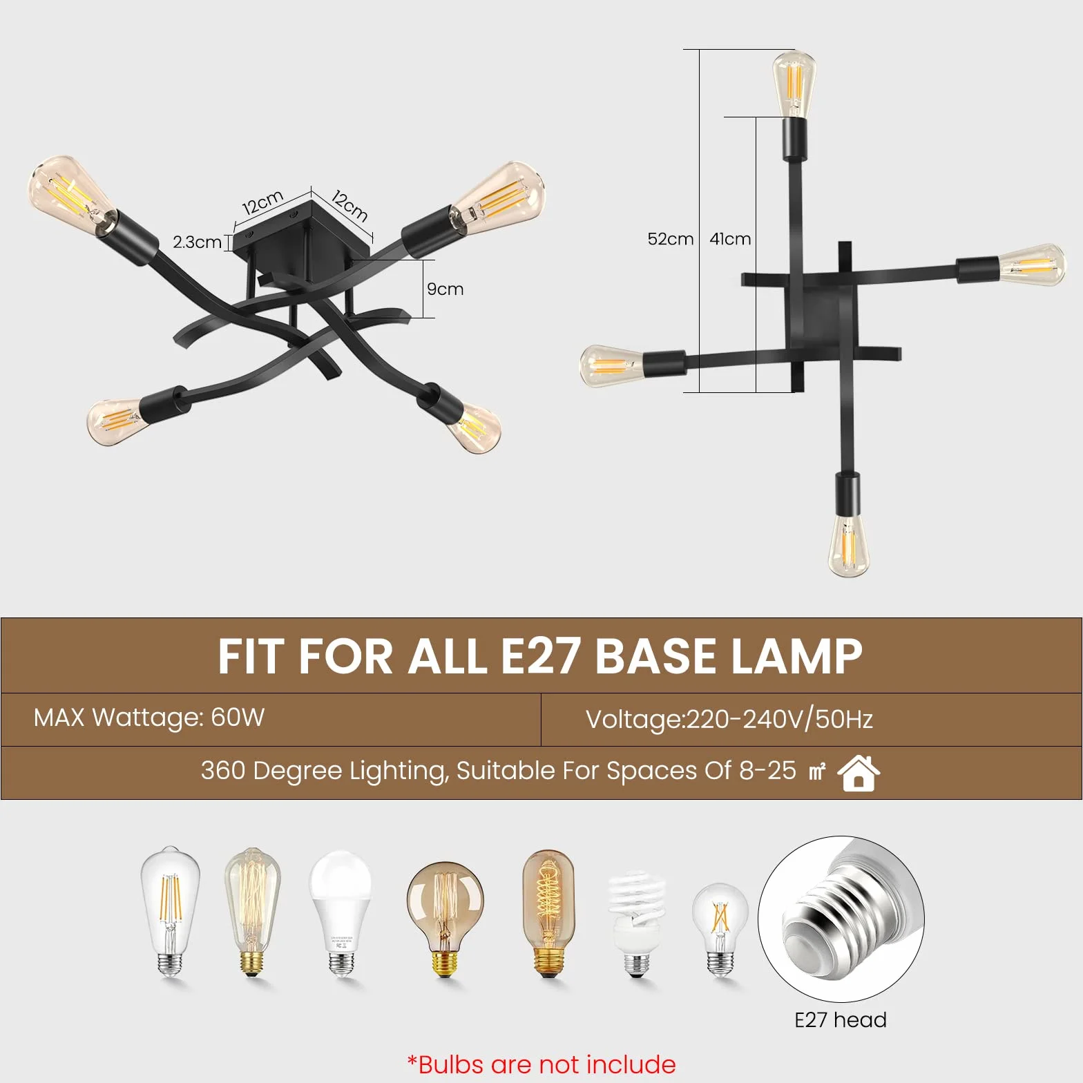 OTREN Lampa sufitowa w stylu vintage, retro lampa sufitowa, 4 płomienie czarny metalowy żyrandol przemysłowy do salonu kuchni sypialni, czarny, E27