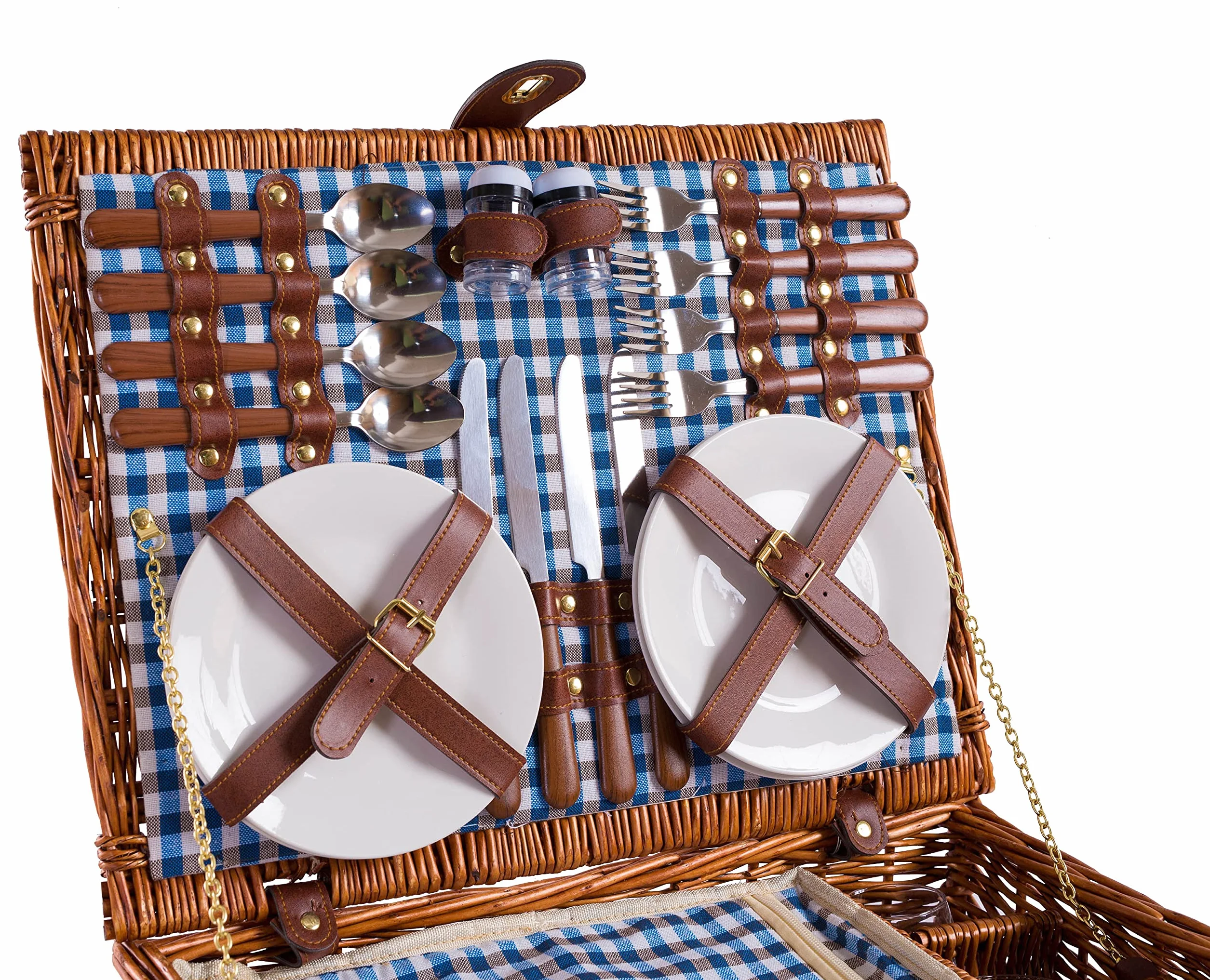 Wiklinowy kosz piknikowy dla 4 osób z izolowaną komorą Niebieski 46x36x20 cm
