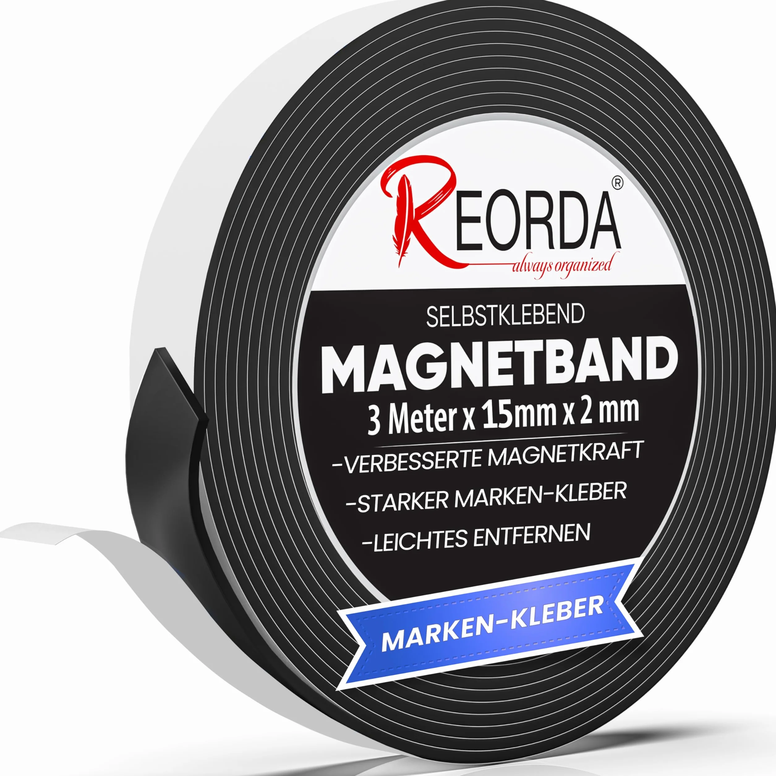 Reorda® Samoprzylepna taśma magnetyczna, maksymalna siła przyczepności dzięki najmocniejszemu klejowi 3M, taśma magnetyczna o zoptymalizowanej sile magnetycznej dzięki materiałowi anizotropowemu, do zastosowania w kuchni, szkole i biurze