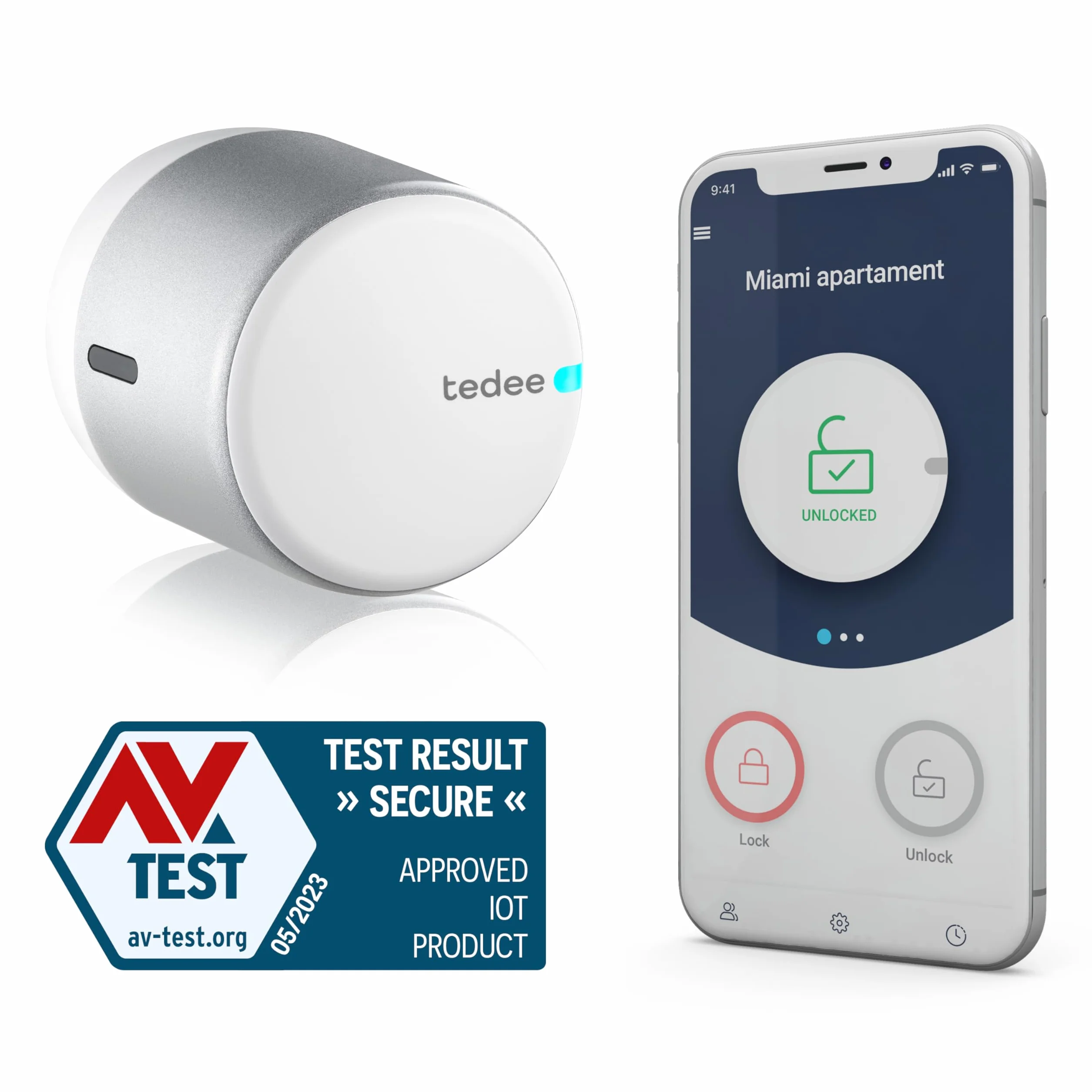 tedee Go Smart Lock, Bluetooth, elektroniczny zamek z automatyczną blokadą i aplikacją, certyfikat AV-Test (+ Bridge WiFi + Modular Cylinder Gerda 30-61 mm/37-68 mm (C) + bar)