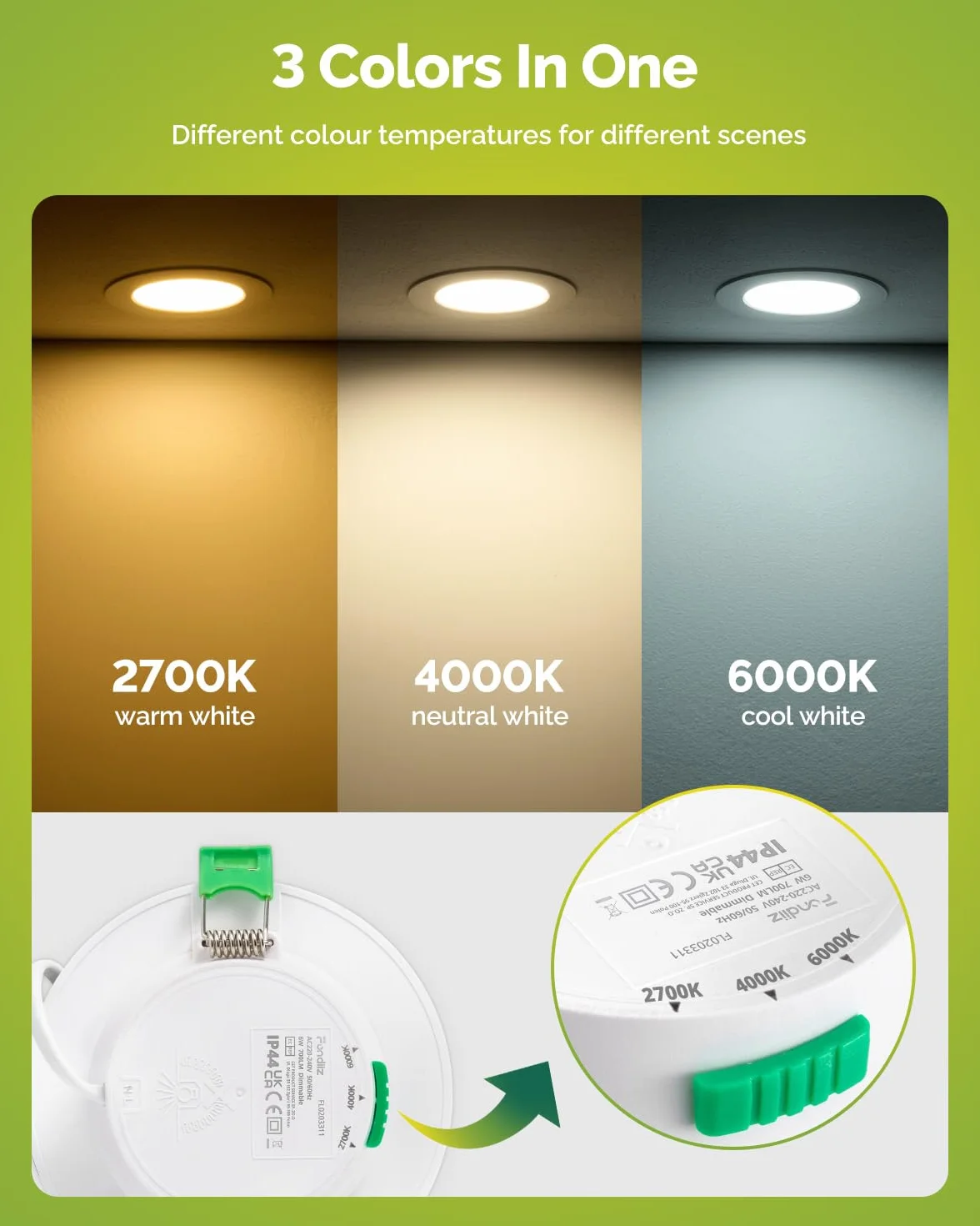 Fondiiz Zestaw 12 wpuszczanych reflektorów LED 6 W, 220 V, bardzo płaska biel 2700 K, neutralna biel, 4000 K, zimna biel, 6000 K, regulowany, reflektor łazienkowy, IP44, do salonu, kuchni, okrągły