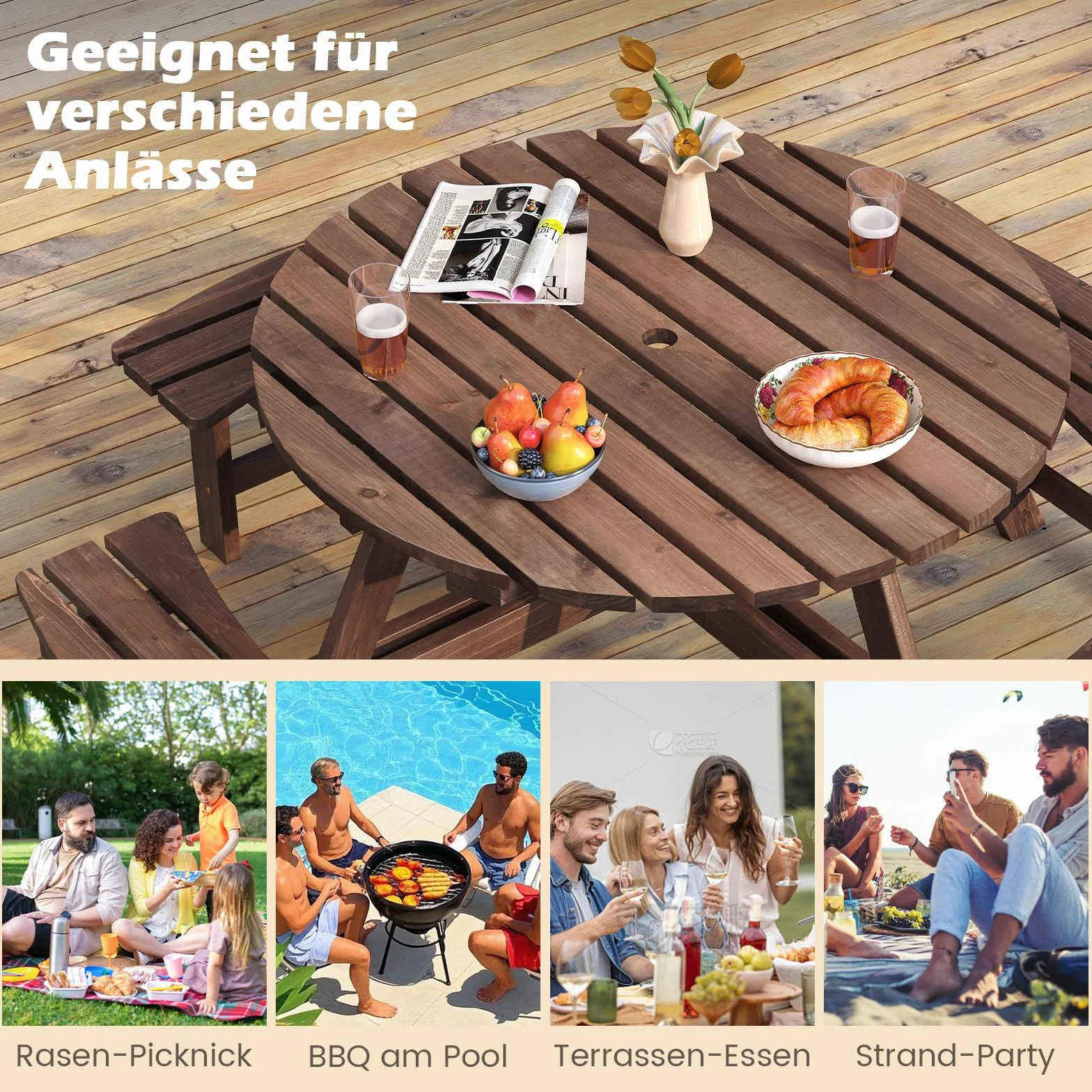 COSTWAY Zestaw stolików piknikowych dla 8 osób, drewniany stół ogrodowy z otworem na parasol i 4 ławkami, meble tarasowe, meble ogrodowe, okrągła grupa siedząca, zestaw siedzisk do ogrodu, tarasu