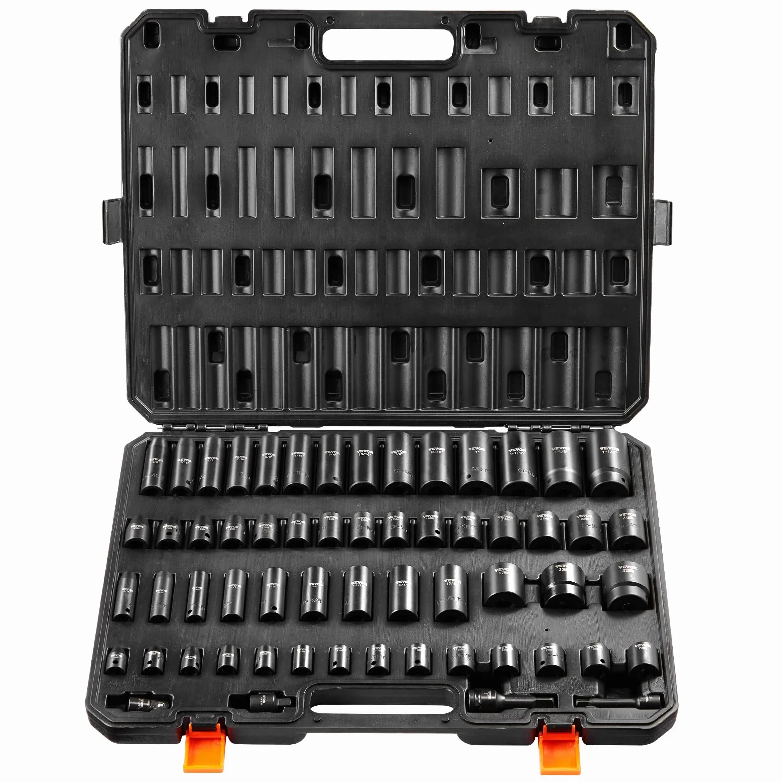 VEVOR Zestaw nasadek udarowych 3/20.3 cm i 1/5.1 cm 59 szt. SAE 5/40.6 cm do 1-1/10.2 cm i metryczne 6-32 mm, 6-punktowa stal stopowa Cr-Mo do automatycznej naprawy, łatwe do odczytania oznaczenia,