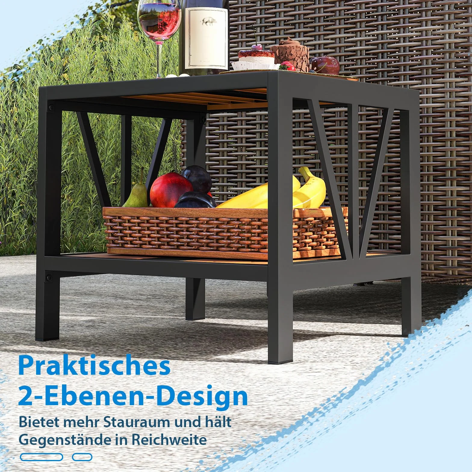 COSTWAY Stolik ogrodowy z otworem na parasol i półką, 52 x 46 x 45 cm