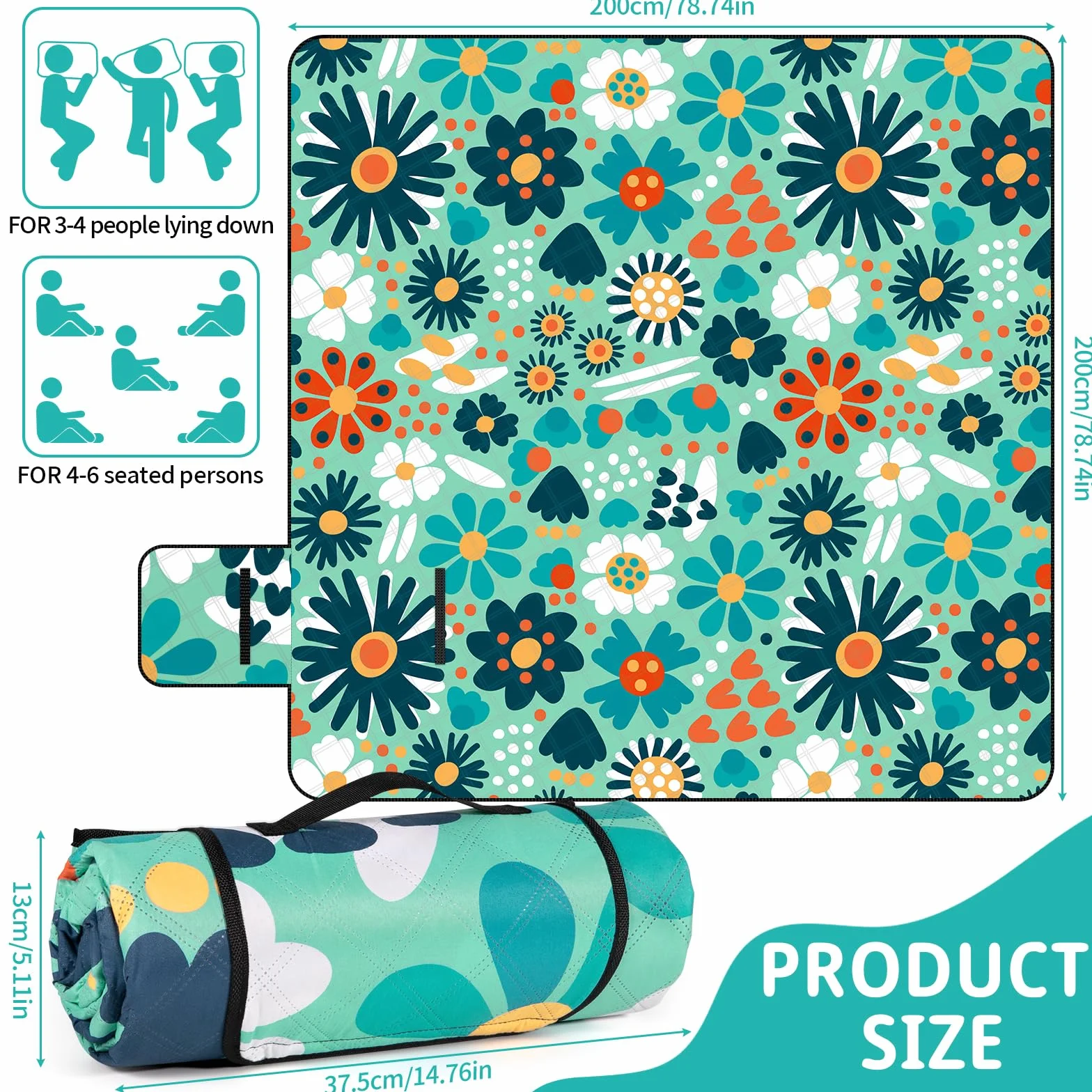 Mata Piknikowa 200x200 cm Koc Plażowy Przenośny na Zewnątrz