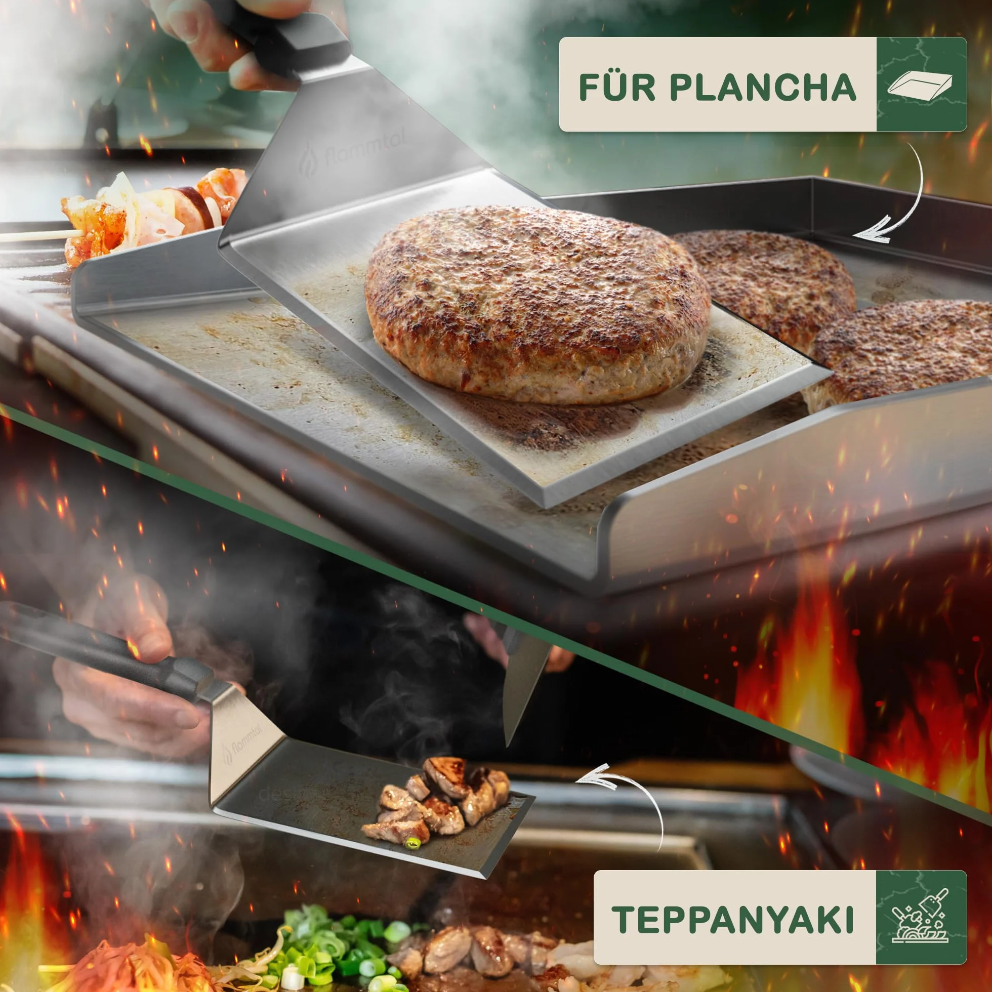 flammtal Smash Zestaw do burgerów, 20 sztuk papieru do hamburgerów, zestaw szpatułek do grilla ze stali nierdzewnej, wysokiej jakości szpatułka Plancha, nadająca się do mycia w zmywarce, do akcesoriów