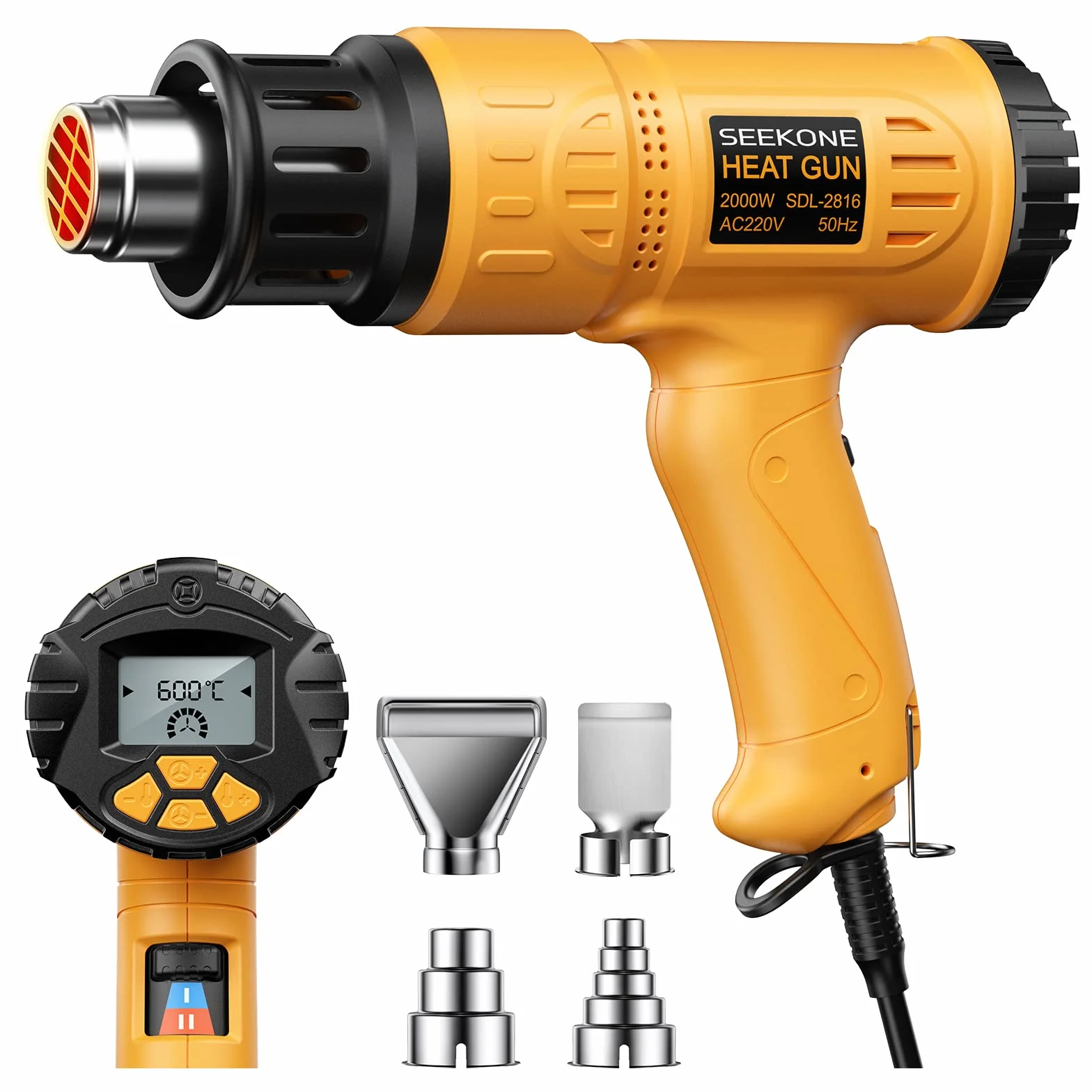 SEEKONE Profesjonalna opalarka 2000 W 50 ℃ - 600℃ z dużym cyfrowym wyświetlaczem LCD Zestaw przemysłowych pistoletów na gorące powietrze, regulacja temperatury, pamięć włączania, konwersja