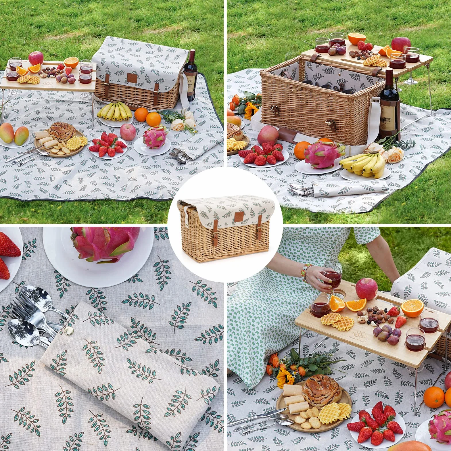 WILLOW WEAVE Kosz piknikowy ze stołem zestaw 4 osoby wiklinowy koc stół