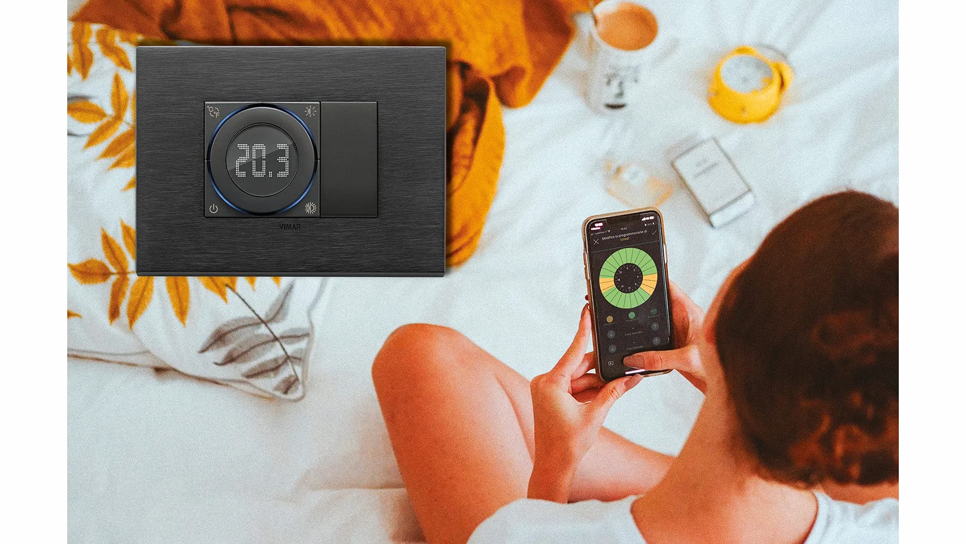 VIMAR 02973 inteligentny termostat WiFi z pokrętłem i wyjściem przekaźnikowym, Bluetooth, ogrzewanie i chłodzenie w trybie ON/OFF i PID, podświetlenie LED, uzupełnienie ramką osłonową Vimar, szary