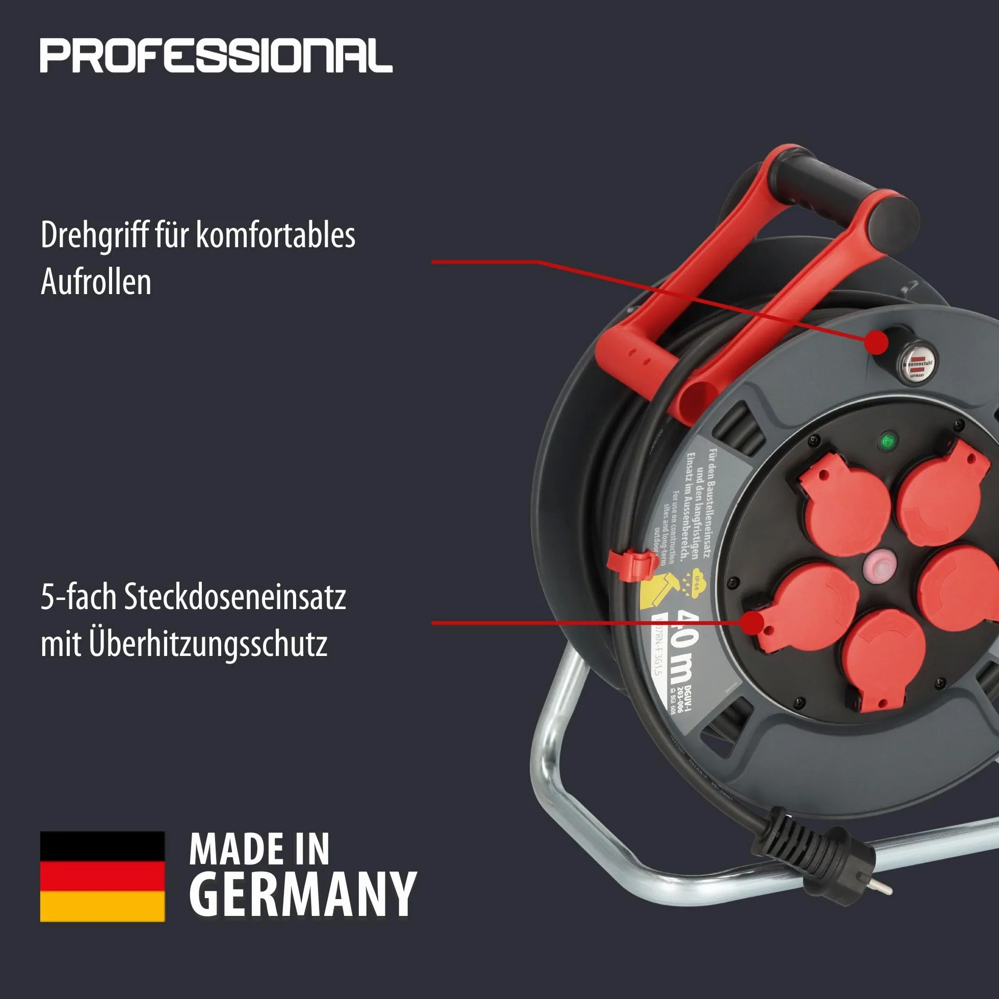 Brennenstuhl Professional bęben kablowy 300 KU 2100 (kabel 25 m w kolorze czarnym, wykonany ze specjalnego tworzywa sztucznego, do użytku na budowie i do stałego użytku na zewnątrz, Made in Germany)