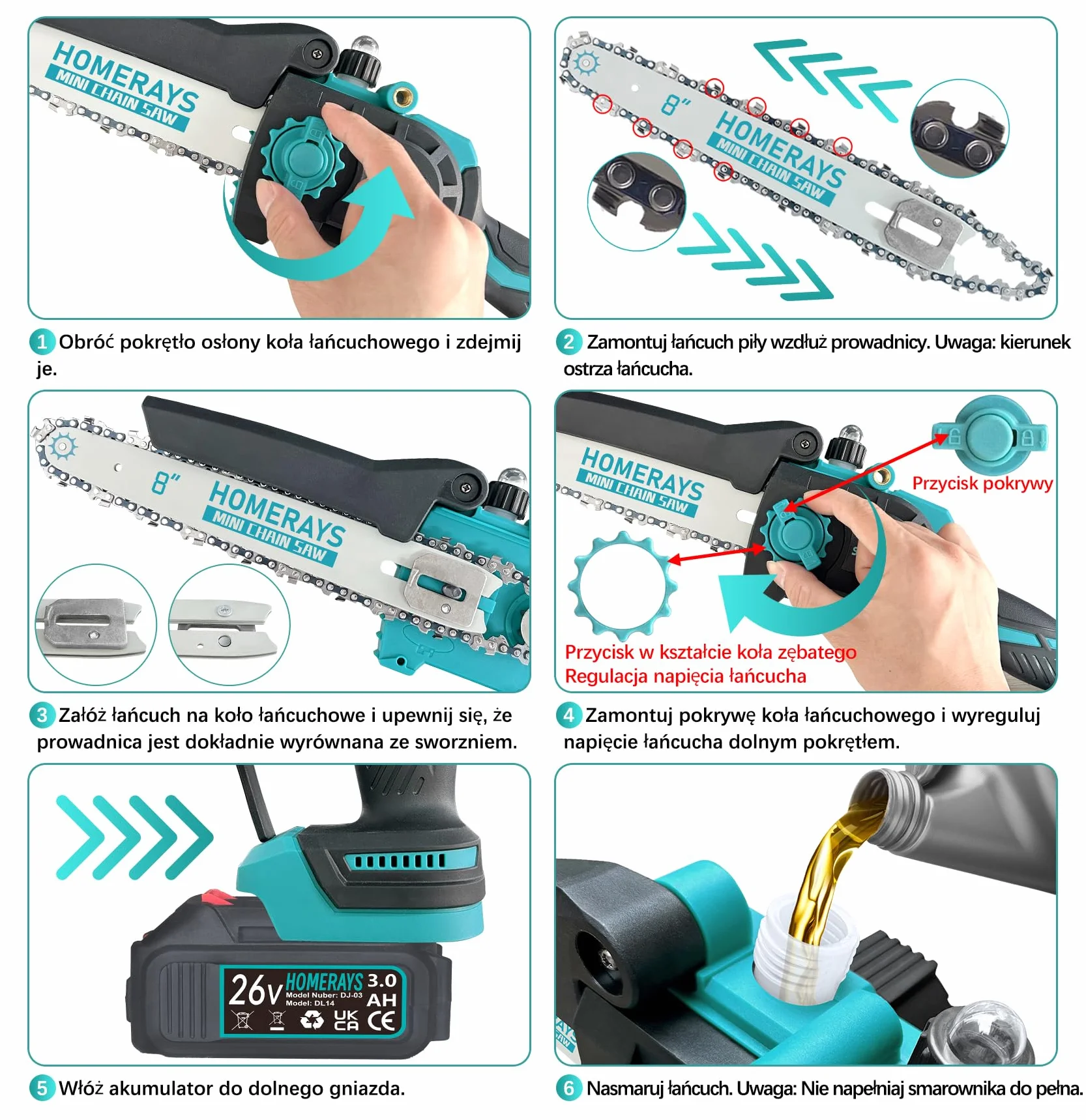 Mini piła łańcuchowa akumulatorowa 6000mAh 8 cali 6 cali bezszczotkowa z automatyczną olejarką