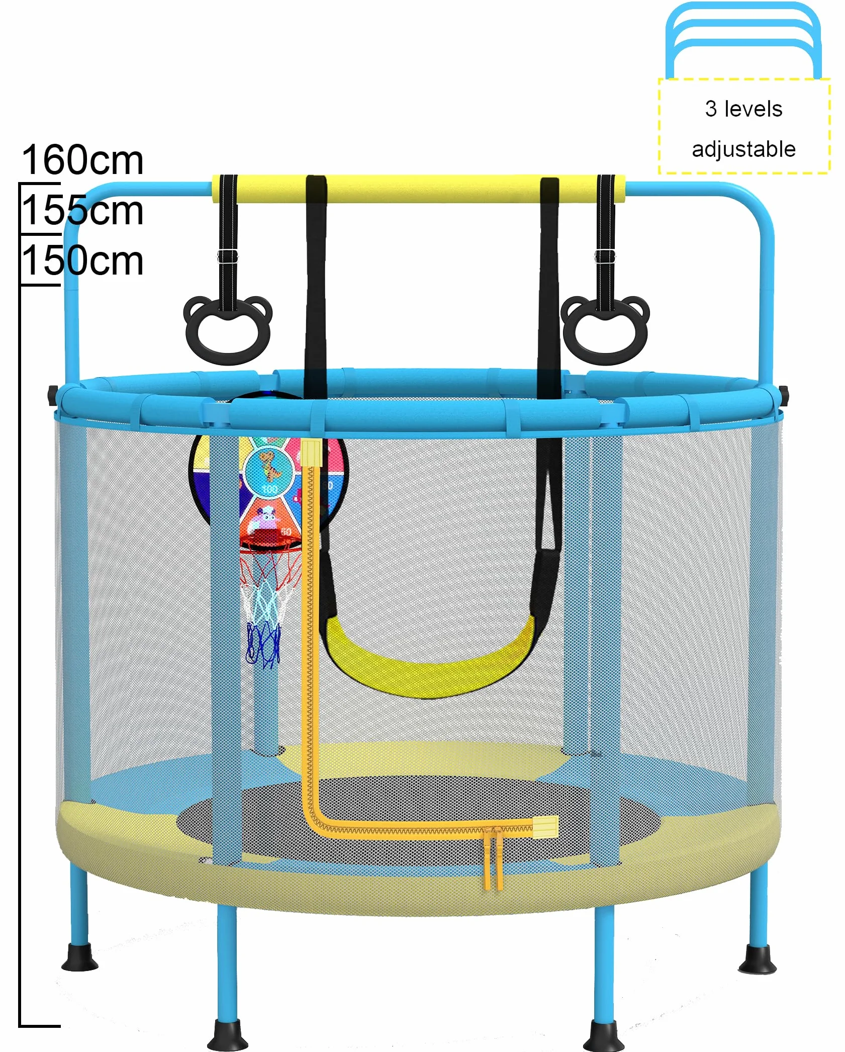 PILIN Trampolina dziecięca, wielofunkcyjna trampolina 4 w 1, zawiera huśtawki, bary, obręcze, obręcze do koszykówki, tarcze do rzutek, nośność 50 kg, do użytku wewnątrz i na zewnątrz