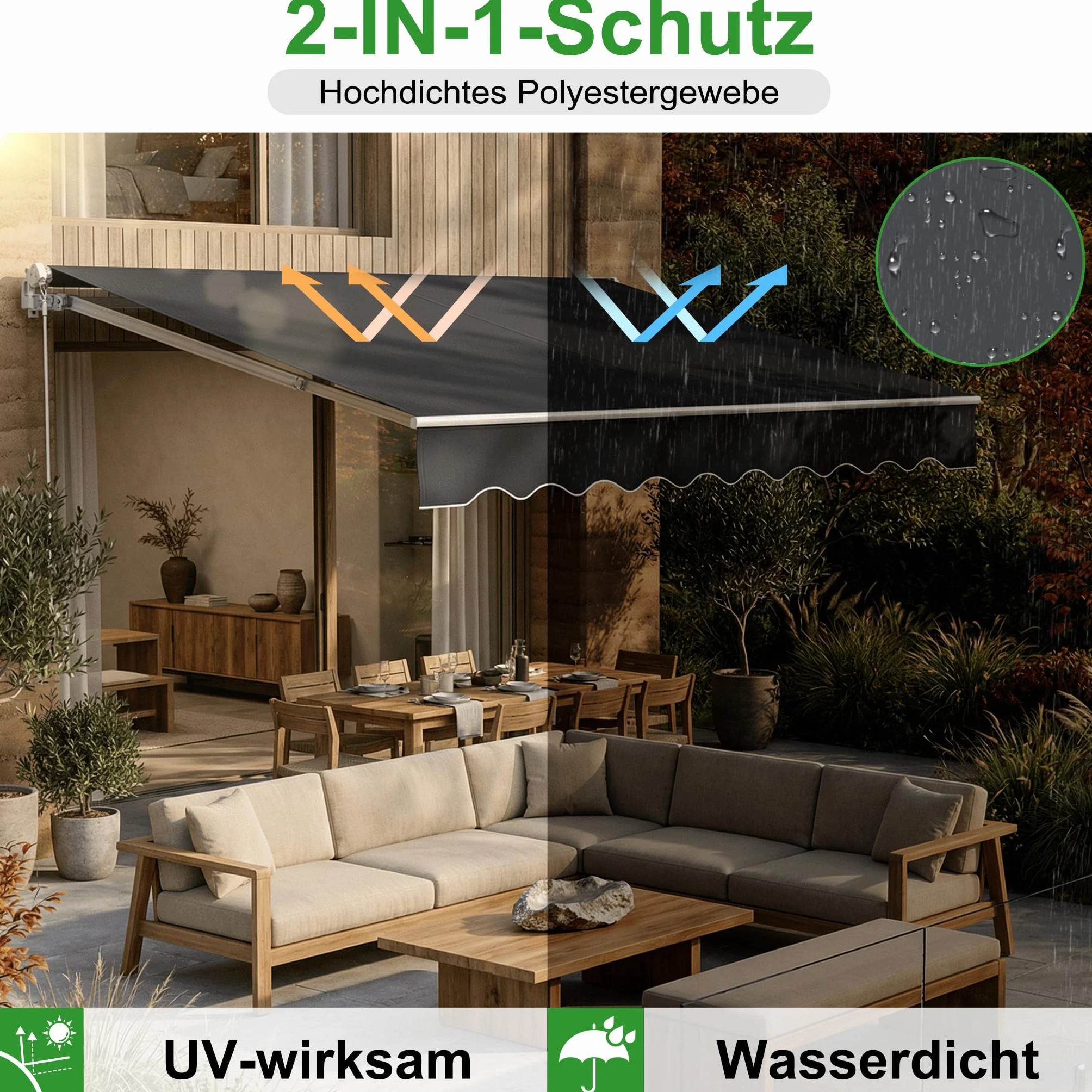 ACXIN Aluminiowa markiza przeciwsłoneczna, osłona ramienia przegubowego, markiza kasetowa, markiza balkonowa z korbą ręczną, wodoszczelna, ciemnoszara (3,6 m x 3 m)