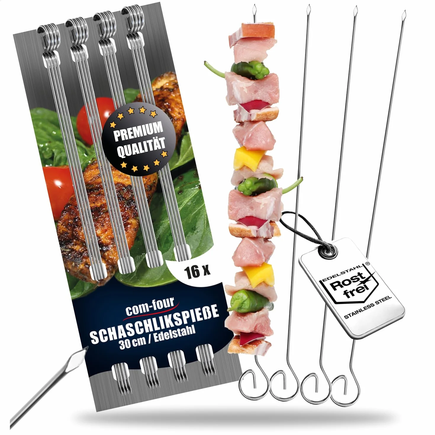 COM-FOUR® 16x szaszlyki ze stali nierdzewnej - szaszlyki miesne o dlugosci 30 cm - szaszlyki warzywne premium w zestawie (30cm - 16 sztuk)