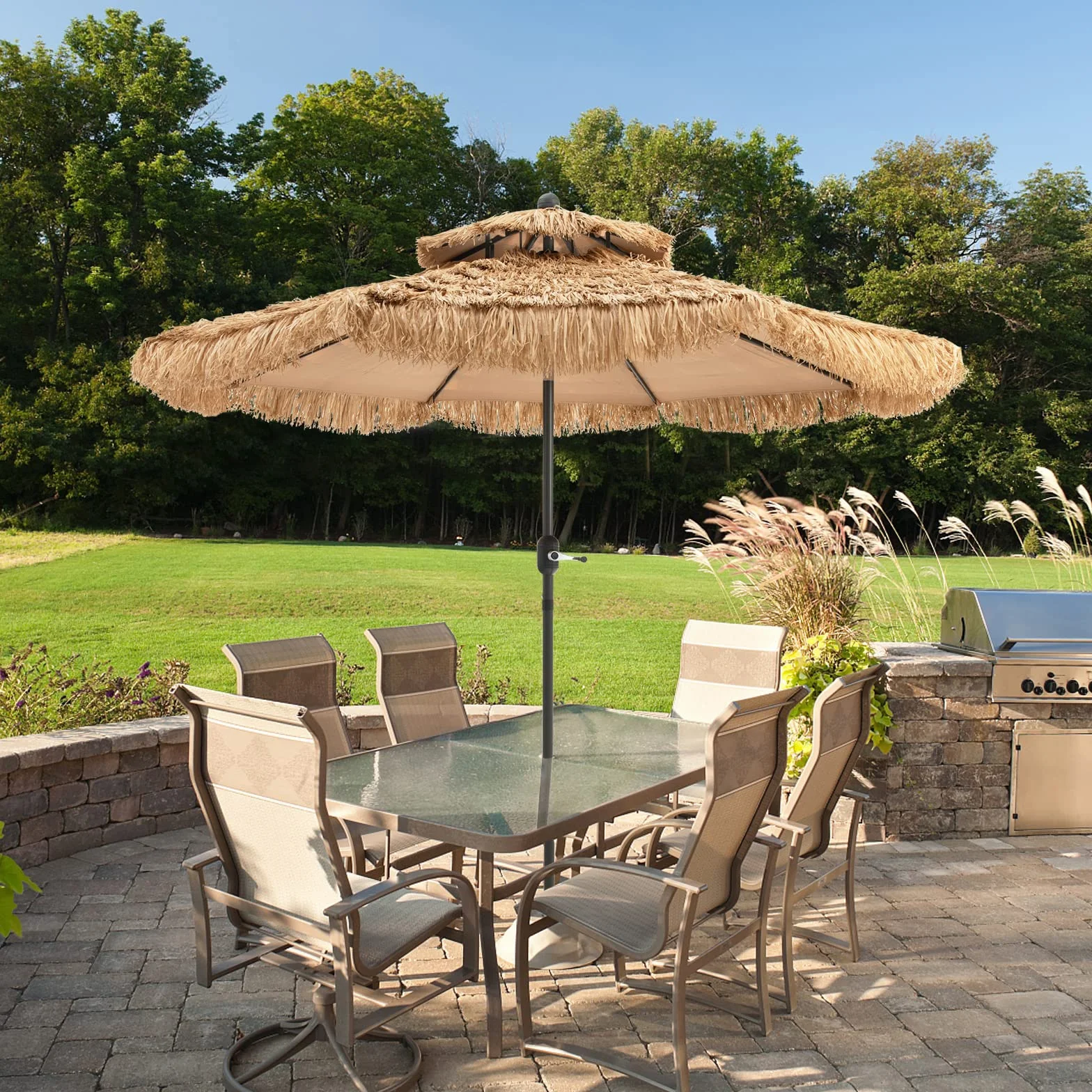 COSTWAY Hawaii parasol przeciwsłoneczny, 270 cm, Podstawa parasola nie jest dołączona, słomkowy parasol z podwójnym dachem, parasol ogrodowy, odchylany, słomkowy parasol plażowy