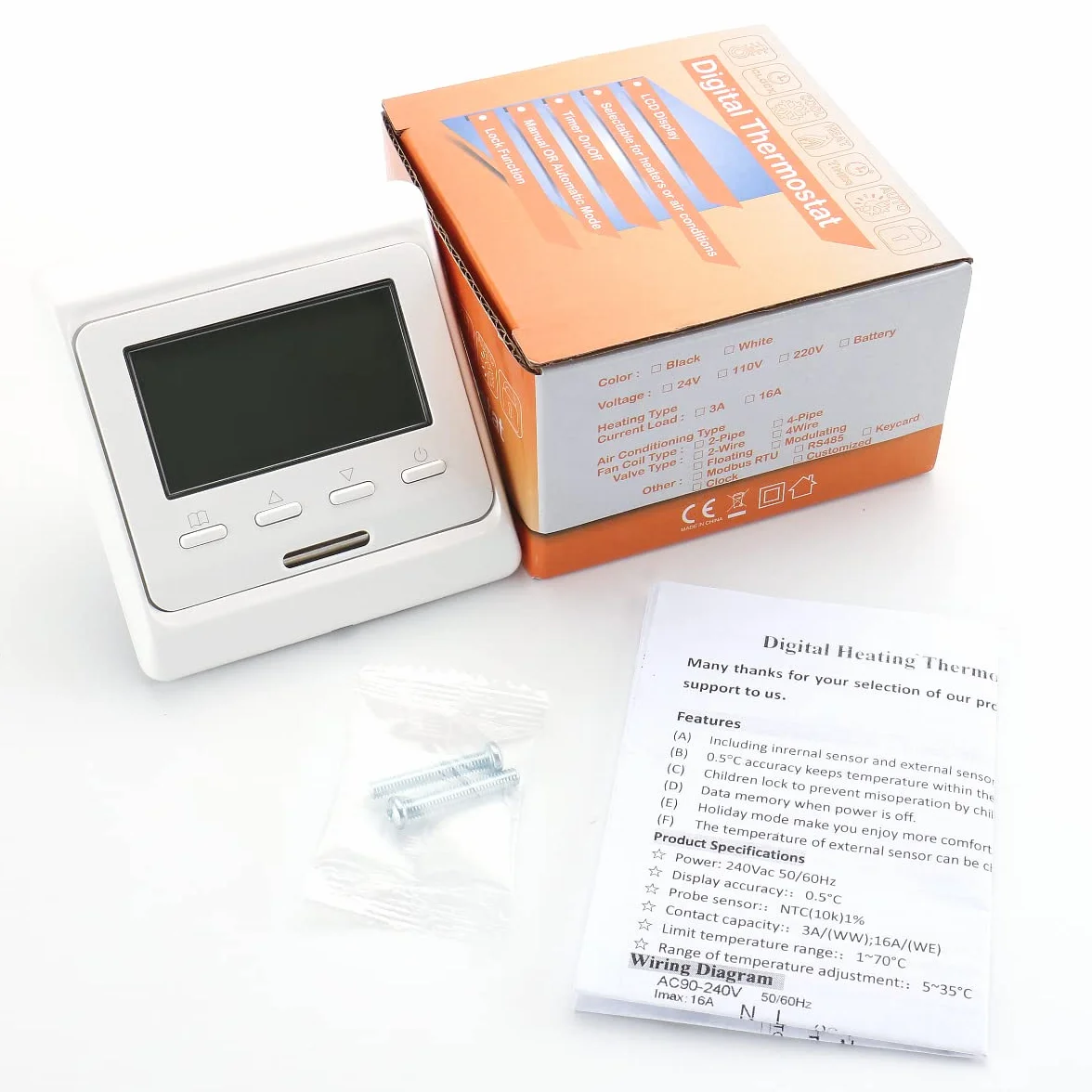 Wengart Termostat programowalny WG806, wyjście 230V 3A, wyświetlacz LCD, przystosowany do ogrzewania wody, biały