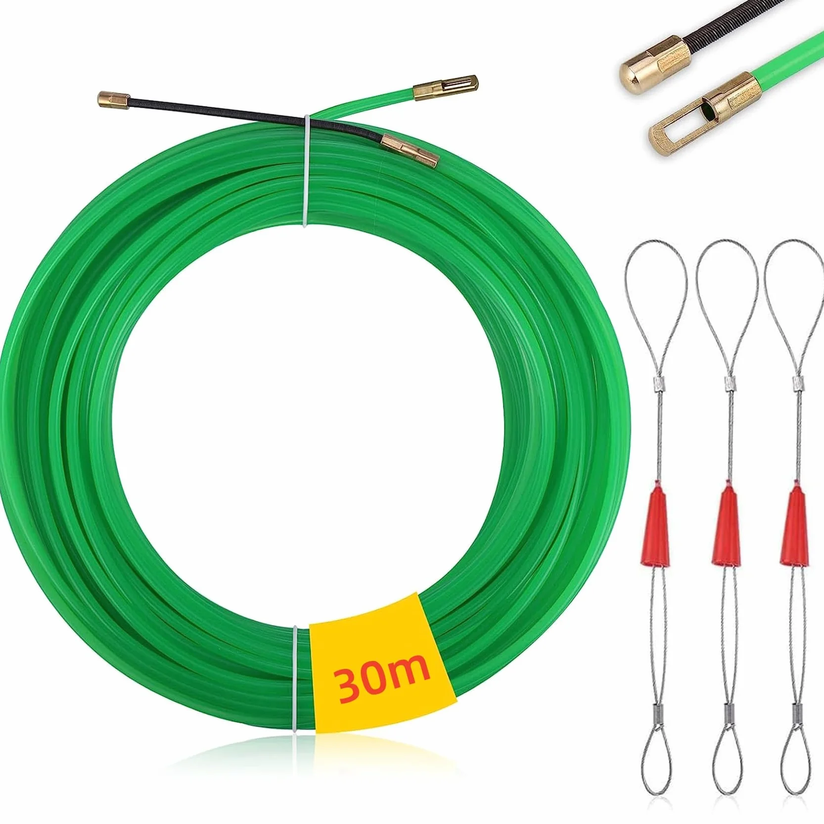 Opona elektryczna z igłą nylonową 30M, Φ 4 mm, z 3 elastyczną głowicą prowadzącą, elektryk opon, przewód igłowy, nawlekacz do drutów elektrycznych, ciągnięcie kabla elektrycznego - zielony