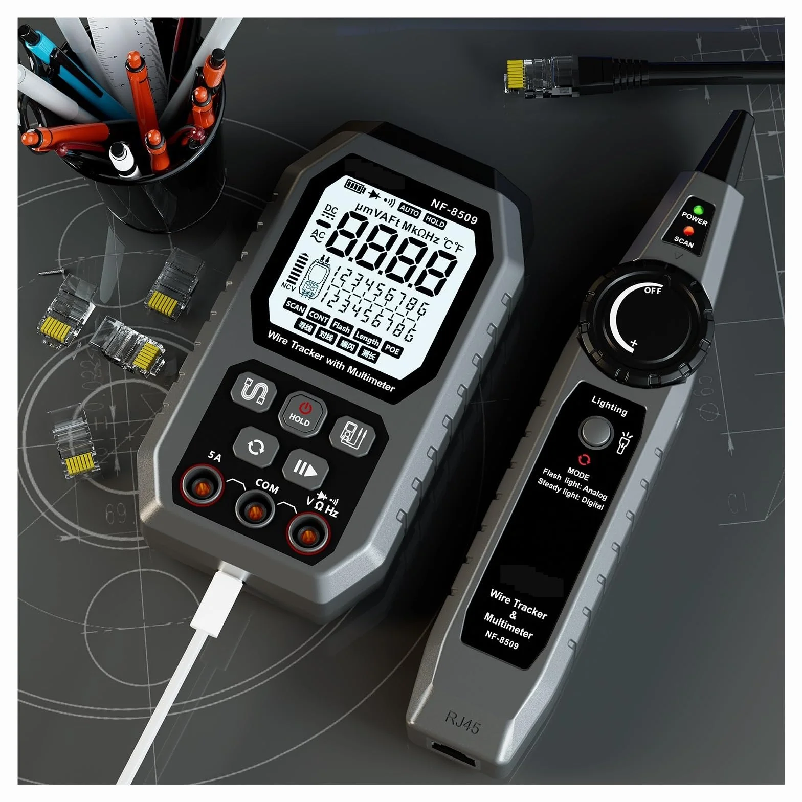 Tester Kabli Sieciowych 2 W 1 Multimetr Rezystancja Napięcia Prądu Wyszukiwarka Kabli Do Testu POE NCV AC DC LCD Wire Tracke