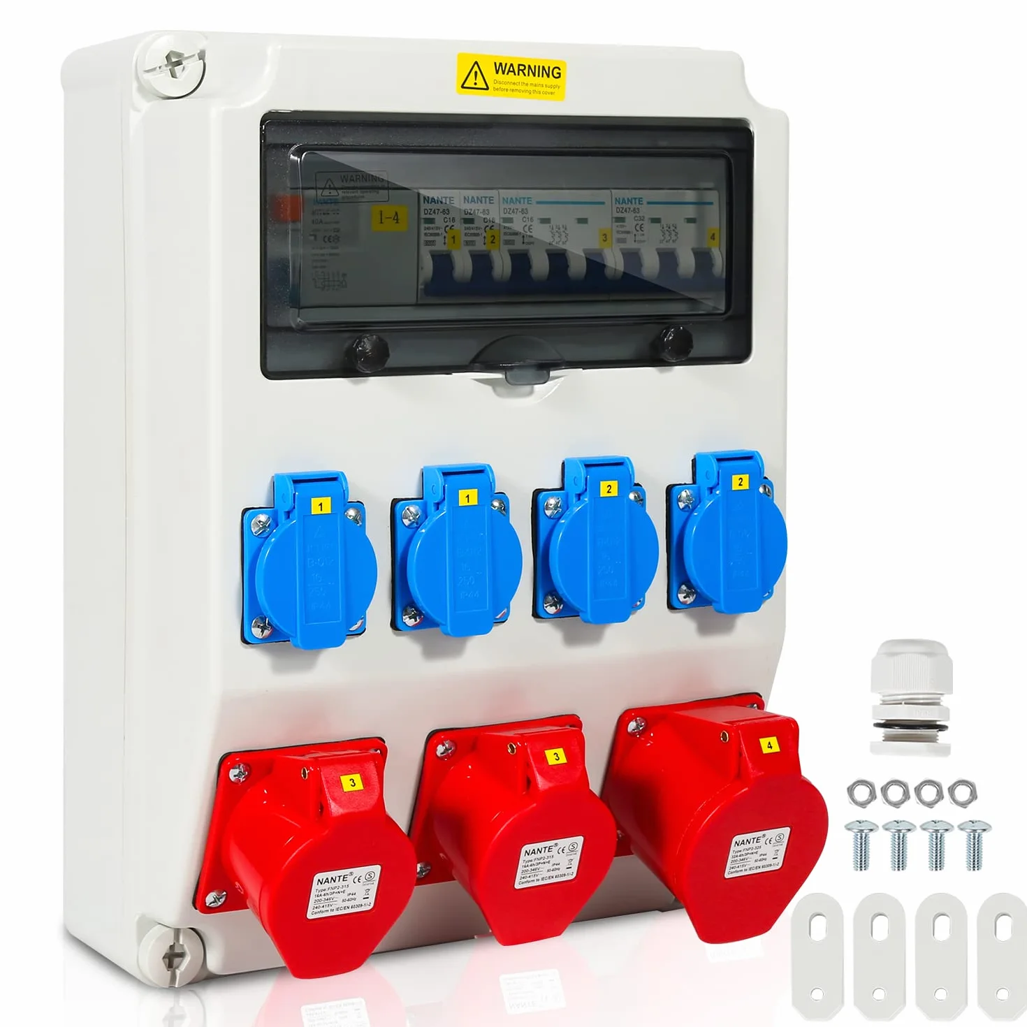 Rozdzielacz ścienny 1 x 32 A 2 x 16 A 4 x 230 V z LS+FI, rozdzielacz prądu z wyłącznikiem nadprądowym, rozdzielacz prądu budowlanego z gniazdem Schuko, 5-biegunowa skrzynka budowlana do