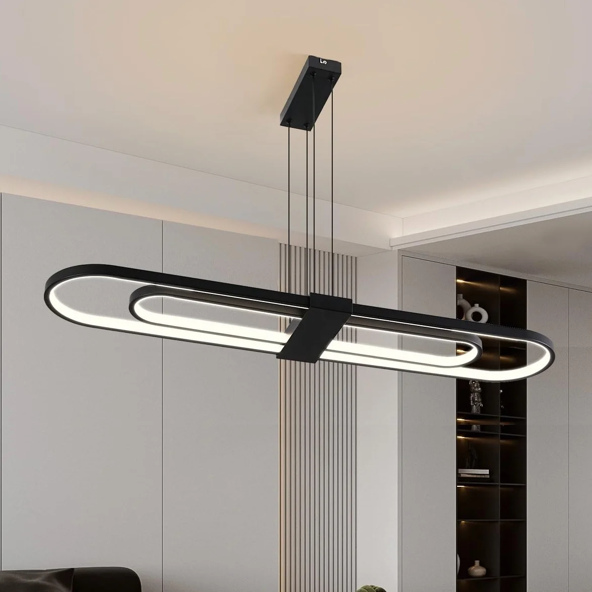 Led nowoczesne owalne wiszące oświetlenie wewnętrzne wyspa kuchnia, podwójny pierścień wisząca konstrukcja nieskończoność ściemnialny żyrandol do salonu, regulowana wysokość liniowa żyrandole do