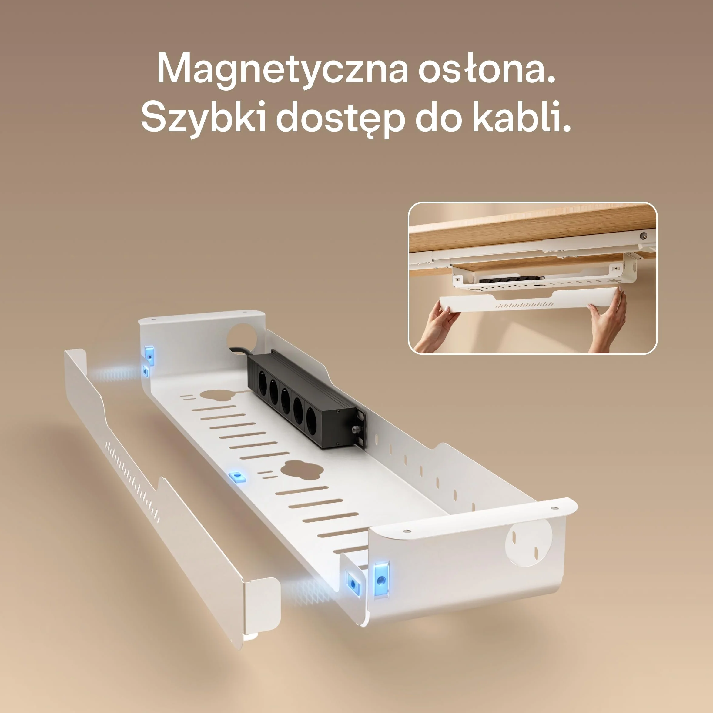 Cable Management Pro – Organizer kabli pod biurko z wbudowaną listwą zasilającą, stalowa tacka na kable z magnetyczną osłoną, wentylowana konstrukcja, łatwy montaż