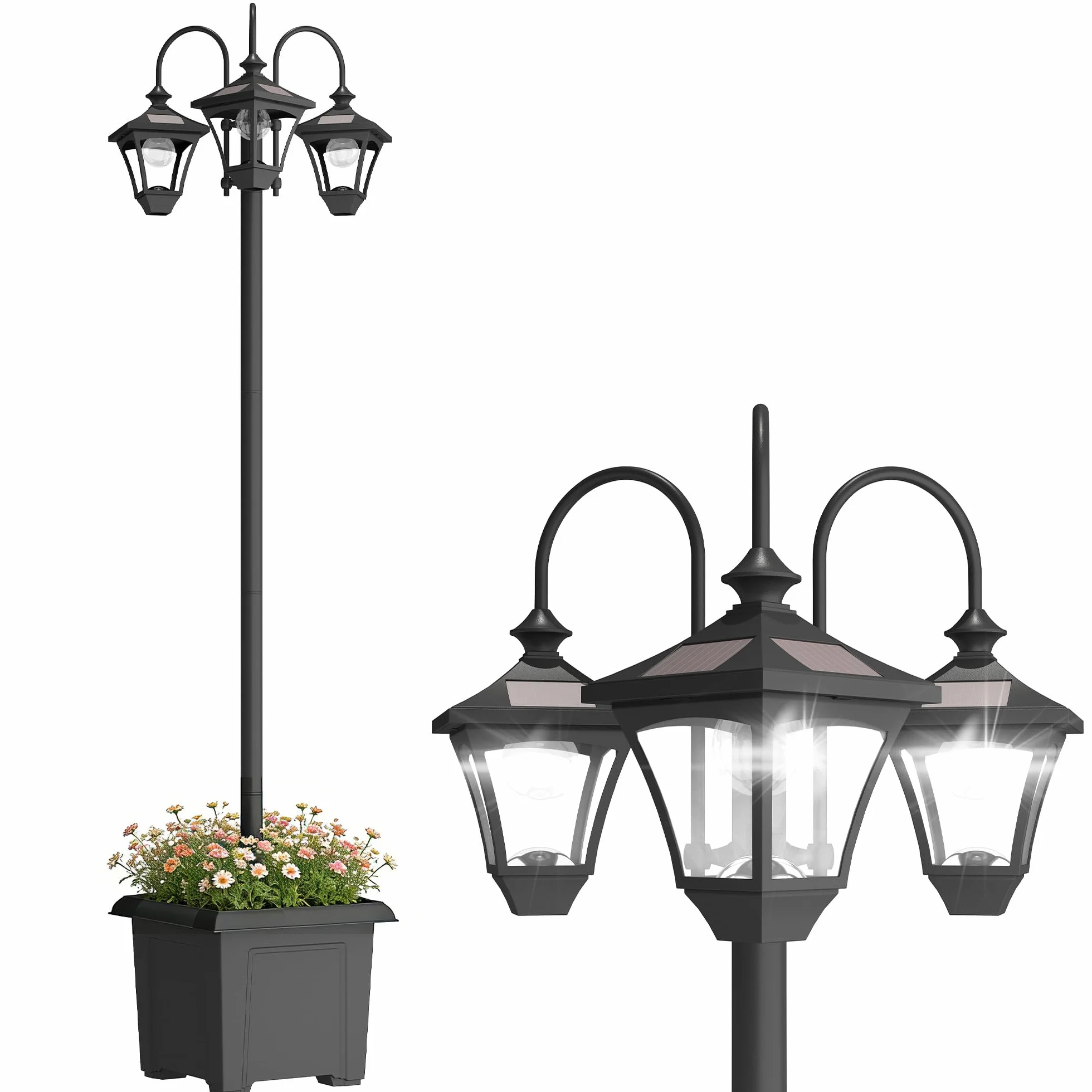 Outsunny Solarna latarnia, lampa stojąca z doniczką, 185 cm, z regulacją wysokości, zewnętrzna latarnia ogrodowa z 3 głowicami lampy, sterowanie światłem, przełącznik IP44, latarnia solarna do ogrodu