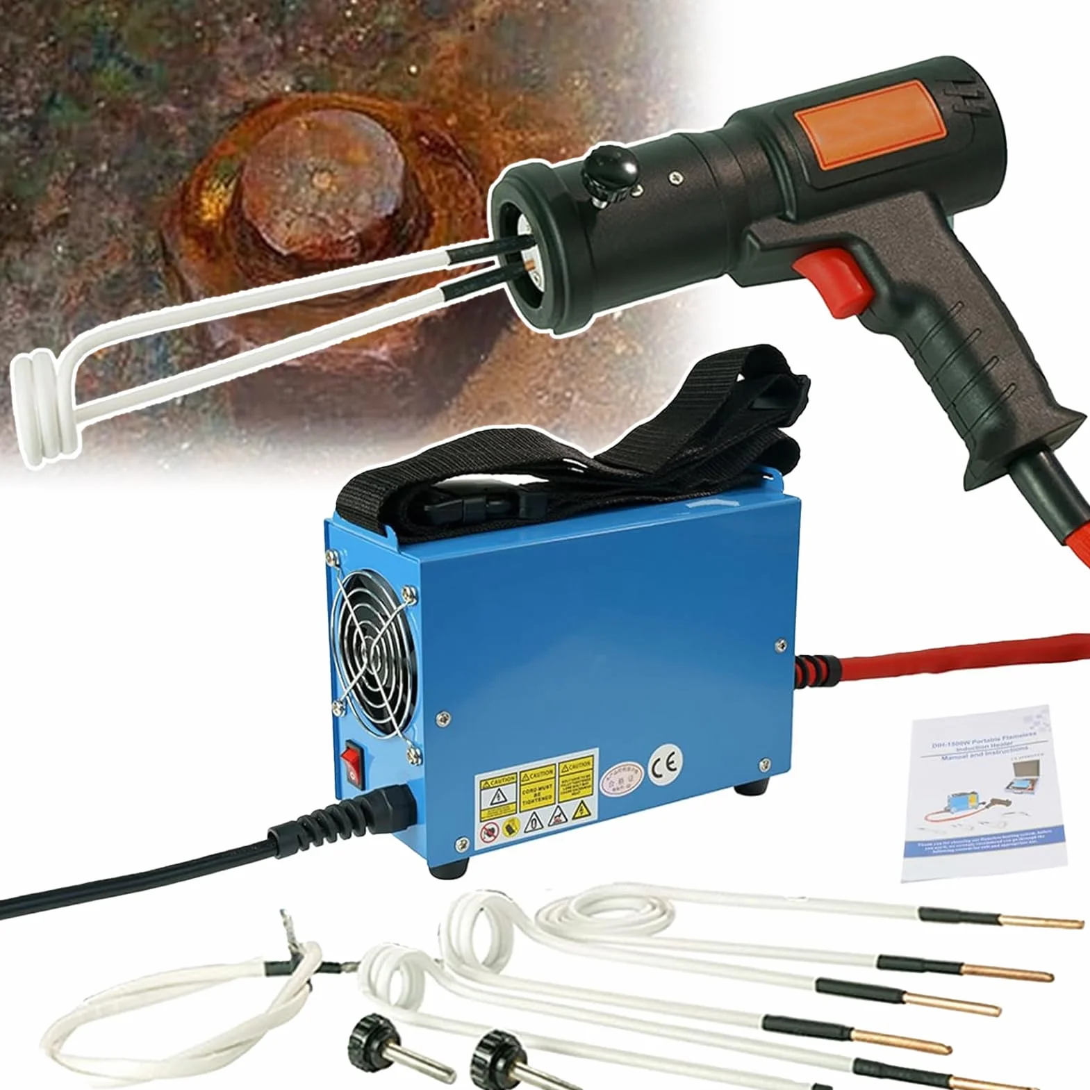 Elektryczny magnetyczny nagrzewnica indukcyjna 1500 W, zestaw narzędzi z 4 cewkami, przenośna ręczna śruba do usuwania zardzewiałych śrub, napinacz nakrętek
