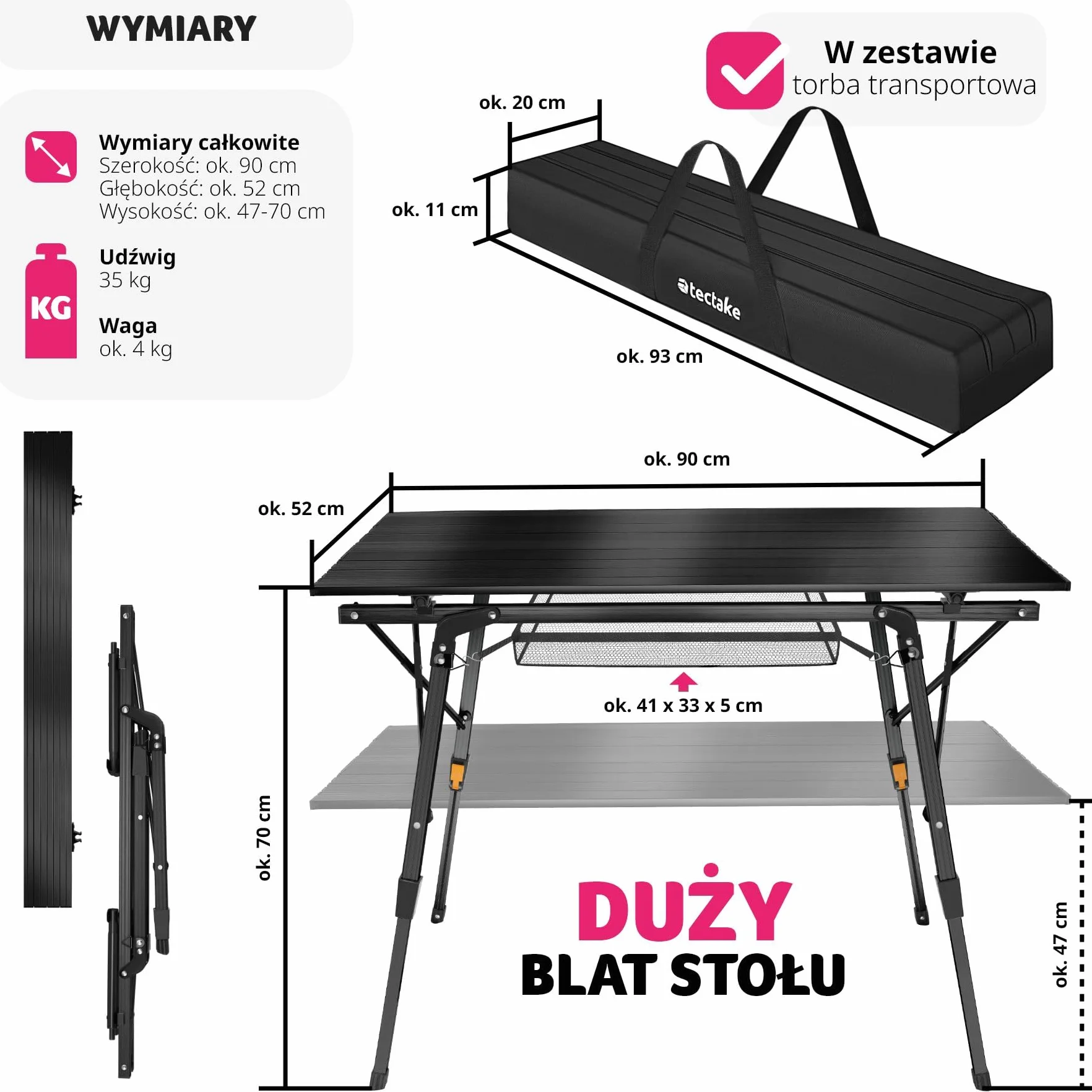 Tectake Stół Kempingowy Tina Składany Aluminiowy z Regulacją Wysokości Czarny