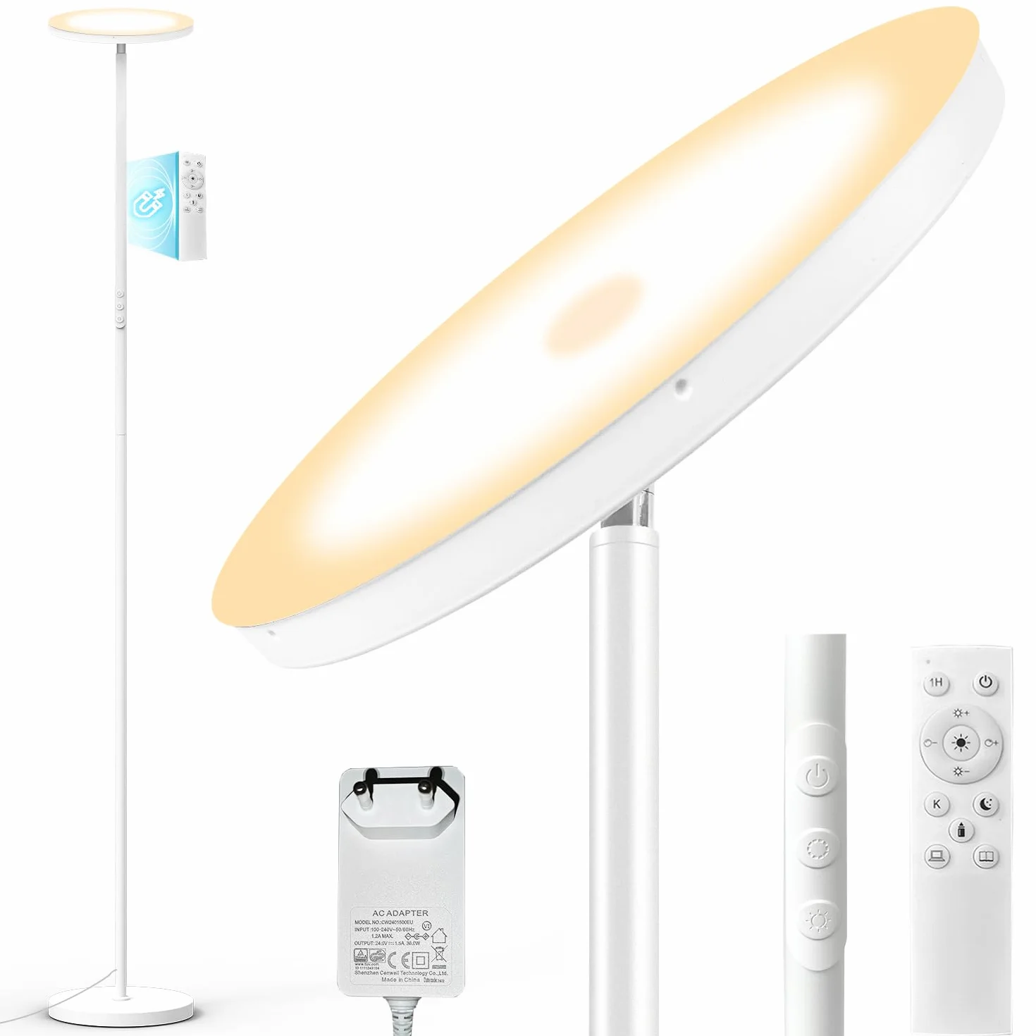 Biały Lampa podłogowa LED, 3600LM 36W Super jasna ściemnialna lampa podłogowa Salon 2700K-6500K Stepless Dimming, zdalne sterowanie i sterowanie dotykowe, nowoczesna lampa podłogowa do Sypialnia Biuro