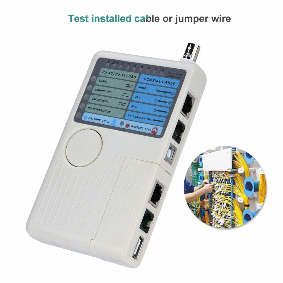 Optimal Shop Tester Kabli Sieciowych 4 w 1 Kabel LAN RJ45/RJ11/USB/BNC Tester Przewodów Cat5 Cat6, Narzędzie do Testowania Przewodów, Ergonomiczna, Przenośna Konstrukcja Podręczna