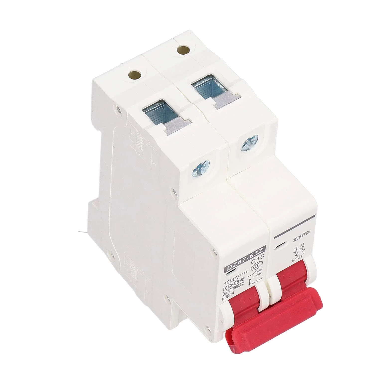 DEWIN Wyłącznik DC, 2P niskie napięcie 6000 A, moc łączeniowa, montaż na szynie DIN, 16 A, 1000 V, do fotowoltaicznych solarnych, motocykli elektrycznych, samochodów elektrycznych