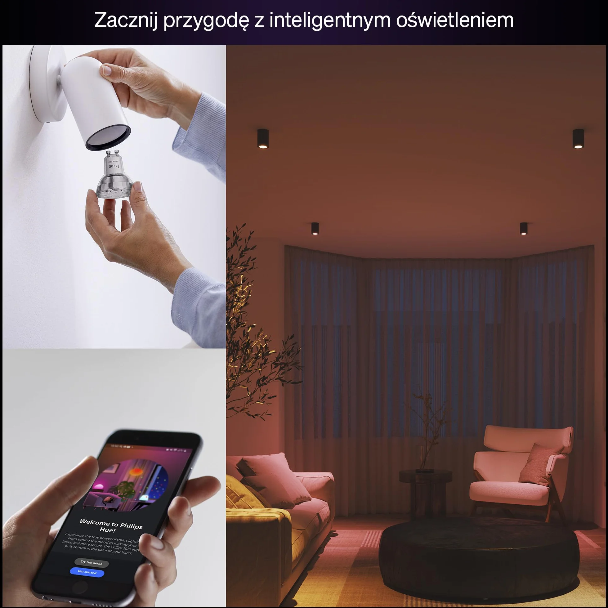 Żarówka Philips Hue Essential Smart LED – żar. punktowa GU10, White and Color Ambiance, 4,7 W, 2200K–6500K, 345 lumenów, przyciemnianie, działa z Alexą, Asystentem Google i Apple Home, op. 4 szt.