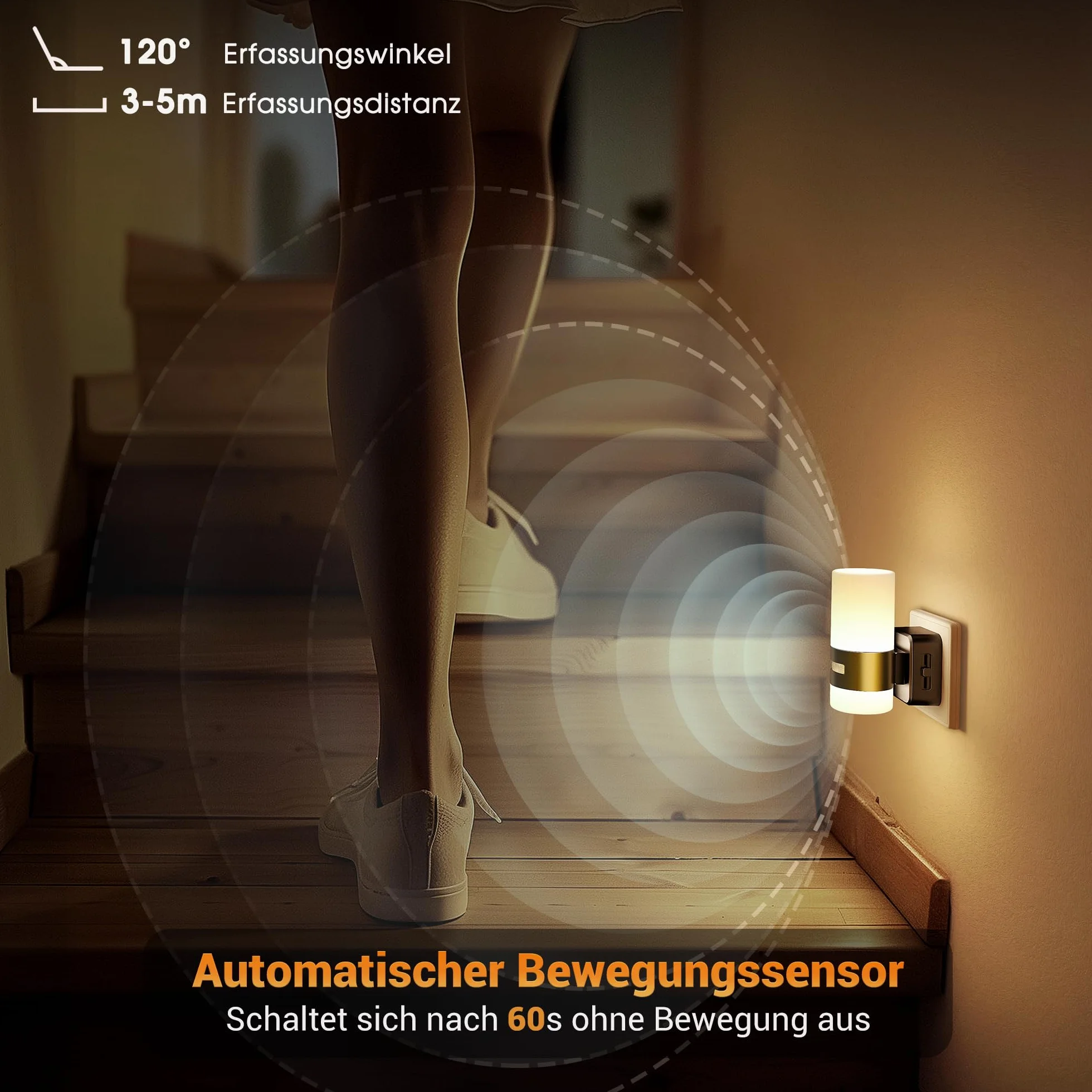 Jandcase Lampka Nocna z Czujnikiem Ruchu, Lampka Nocna dla Dzieci z Możliwością Ściemniania, 3 Tryby (Auto/On/Off), 3000k Ciepła Biel, Lampka Nocna Led do Pokoju Dziecięcego, Sypialni, Przedpokoju