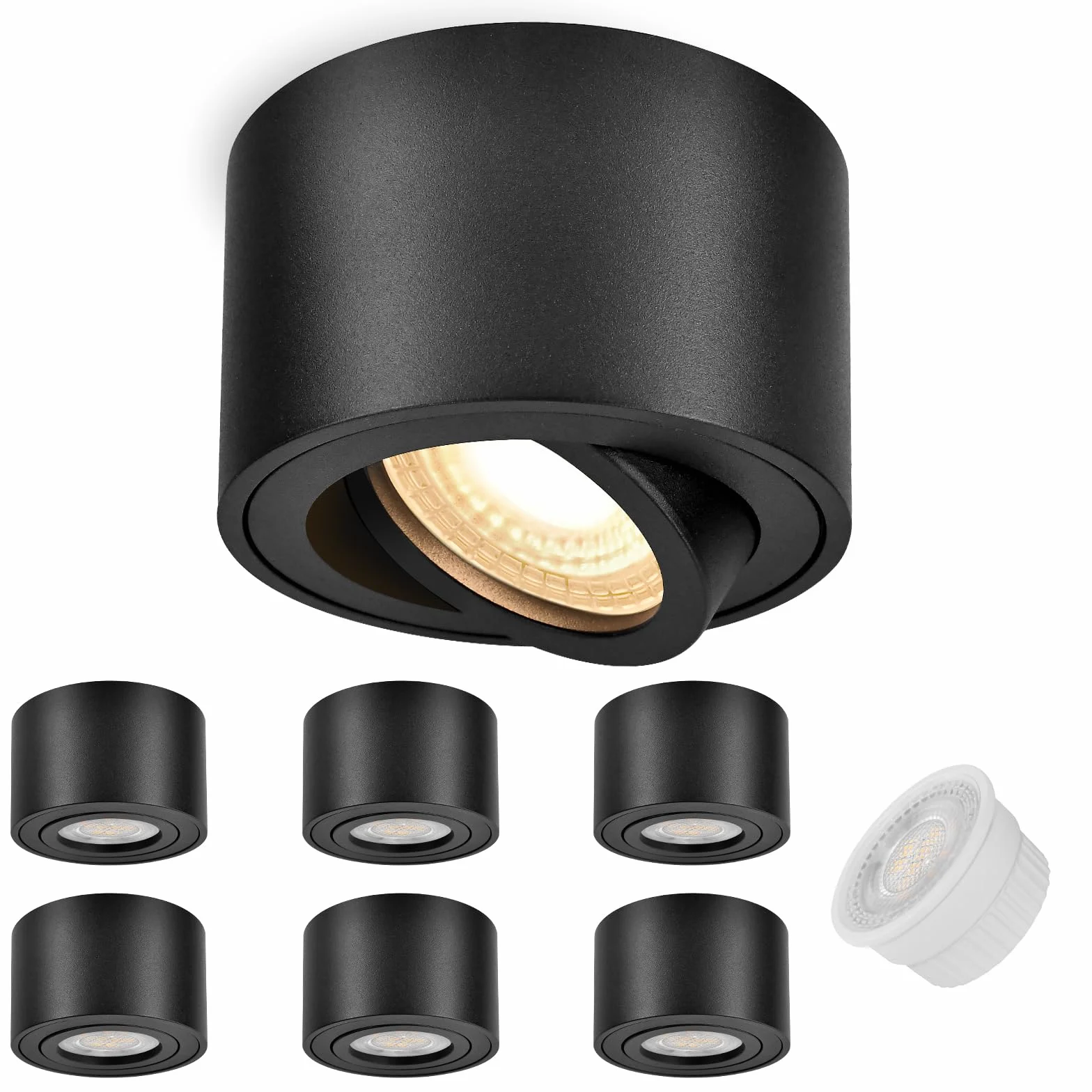 GeyouLux 6x czarne reflektory sufitowe - ekstra płaskie i obrotowe o 38° - Ø80 x 50 mm - obrotowy reflektor - 5 W 500 lm 3000K - moduł LED 230 V w zestawie - Aluminiowa lampa sufitowa LED
