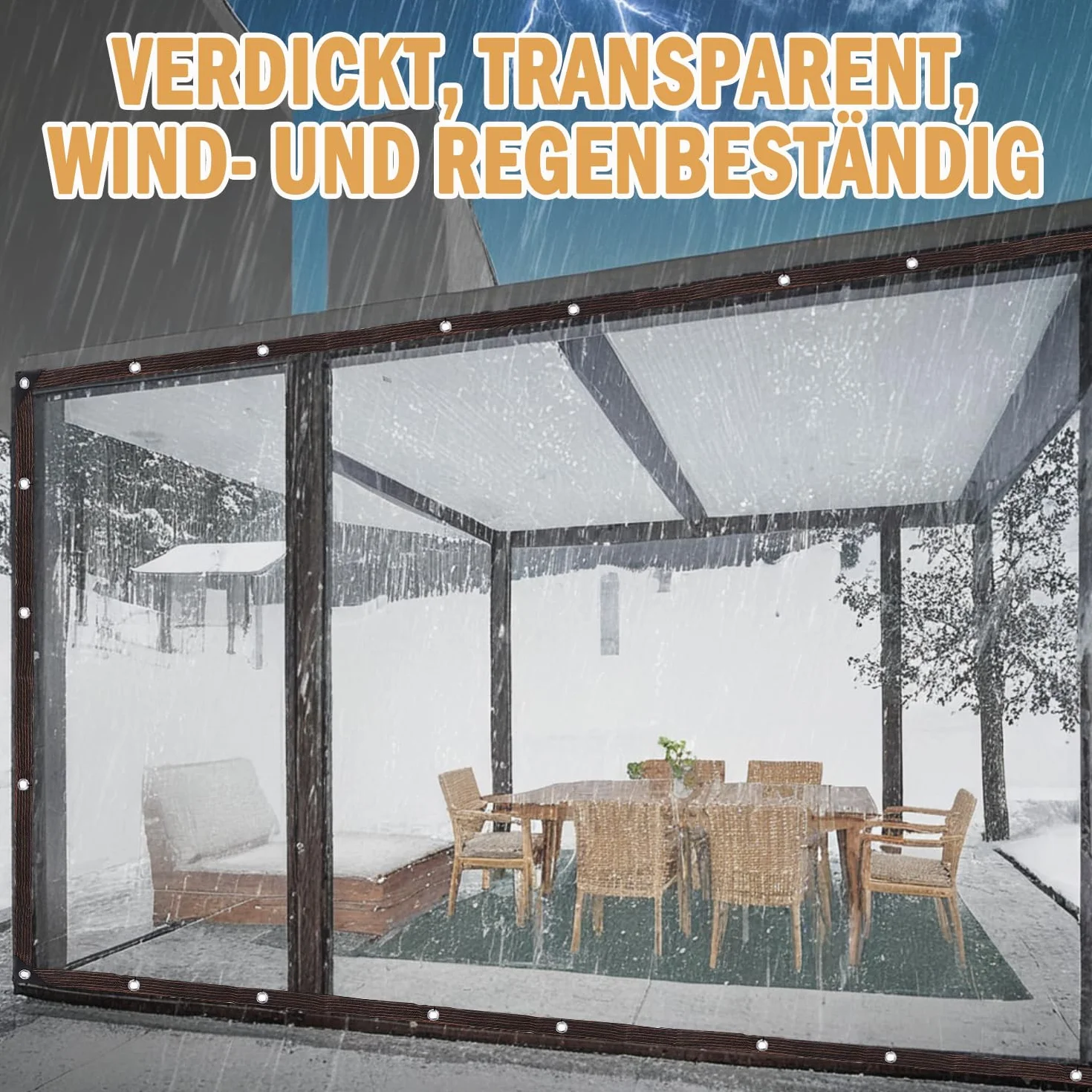 Przezroczysta plandeka z oczkami, 2 x 4 m, ochrona przed wiatrem, wodoszczelna, przezroczysta plandeka z napinaczem do plandek, na zewnątrz, na taras, do ogrodu, na balkon, kemping